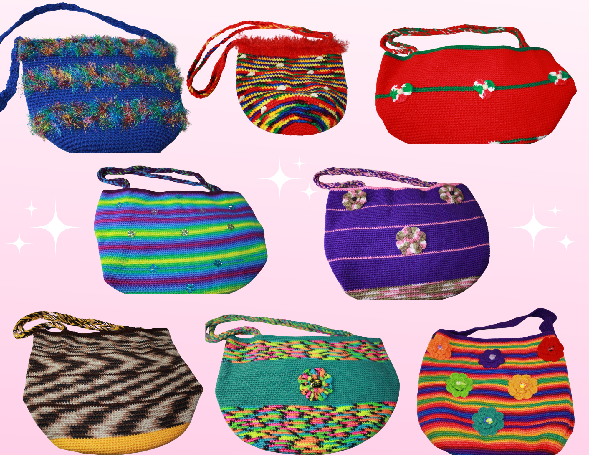 Crochet bags featuring unique artwork, perfect for personal style and expression.