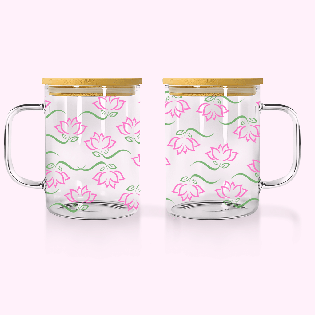 Pink Water Flower - 17oz Glass Mug With Bamboo Lid featuring unique artwork, perfect for personal style and expression.