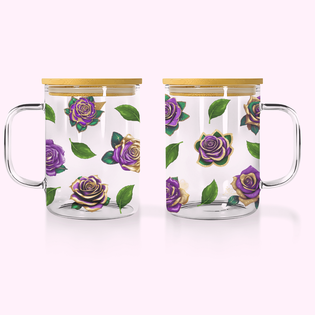 Sparkle Purple Roses With Gold - 17oz Glass Mug With Bamboo Lid featuring unique artwork, perfect for personal style and expression.