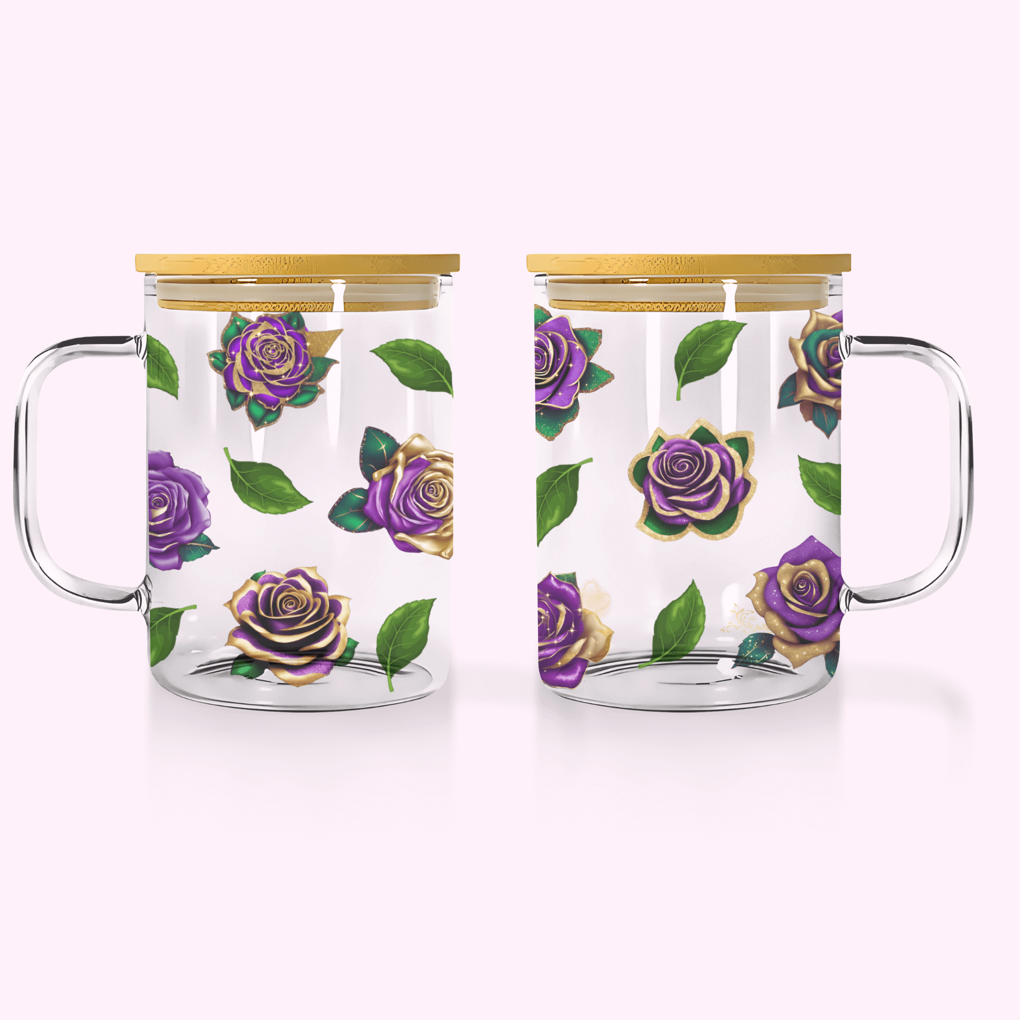 Sparkle Purple Roses With Gold - 17oz Glass Mug With Bamboo Lid featuring unique artwork, perfect for personal style and expression.
