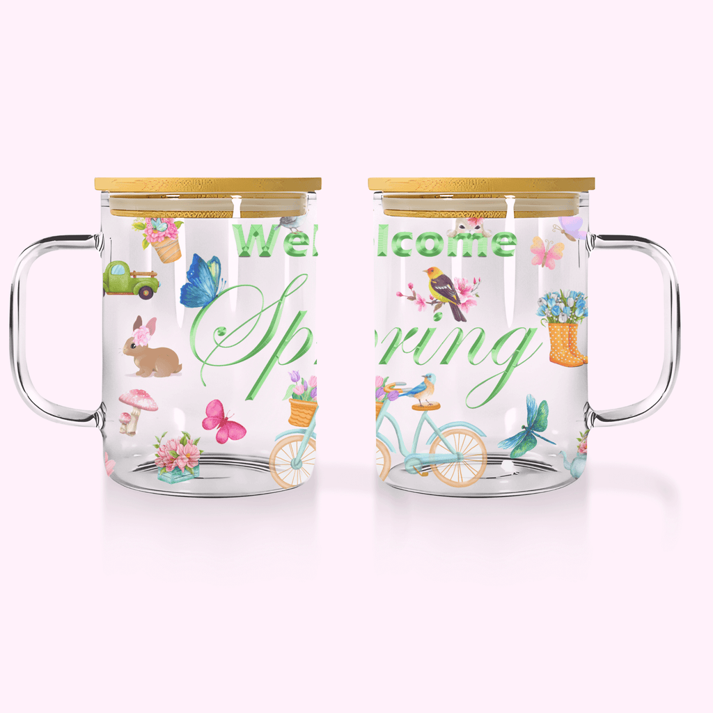 Welcome Spring Green - 17oz Glass Mug With Bamboo Lid featuring unique artwork, perfect for personal style and expression.