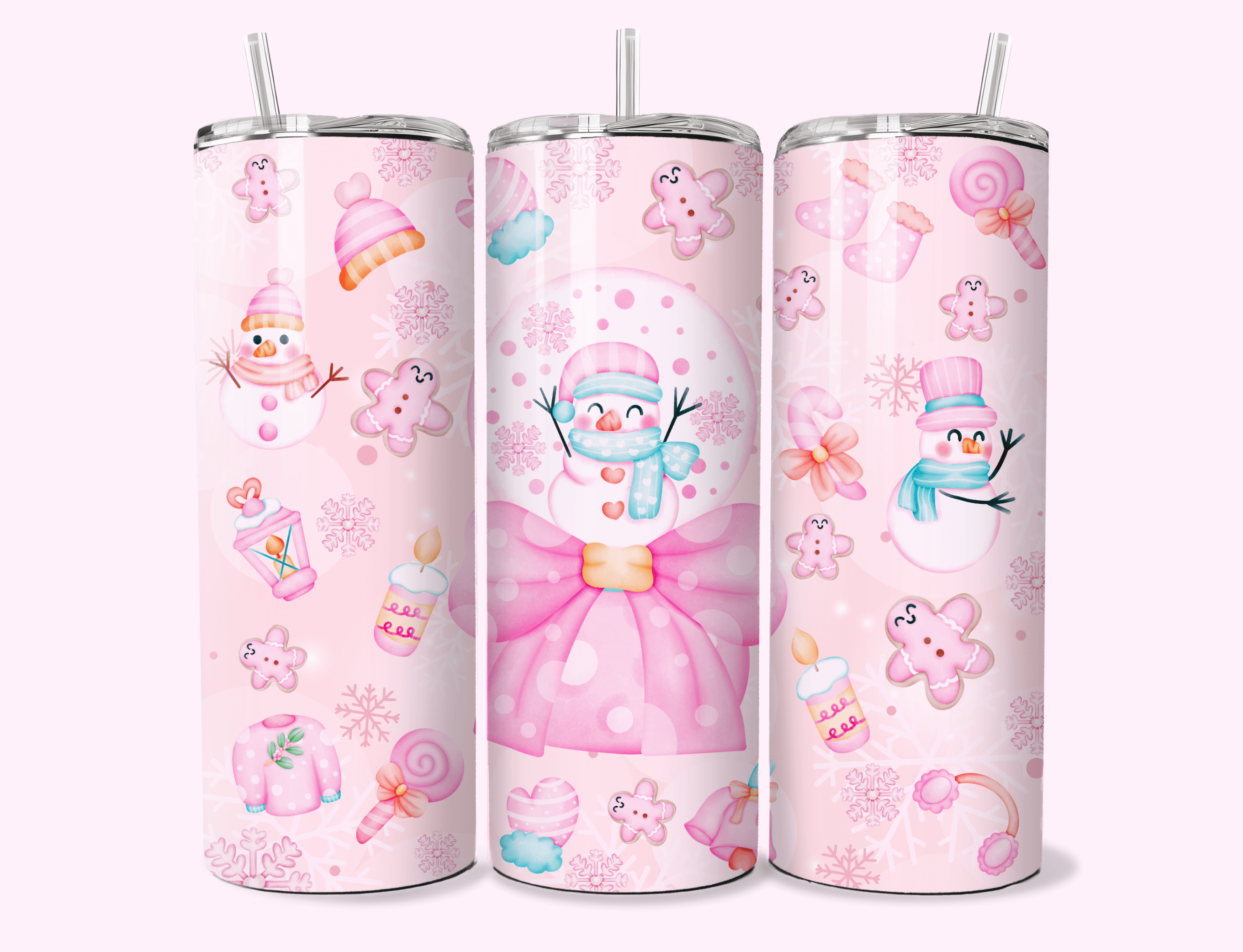 Pink snowman with cookies 20 oz tumbler with unique artwork