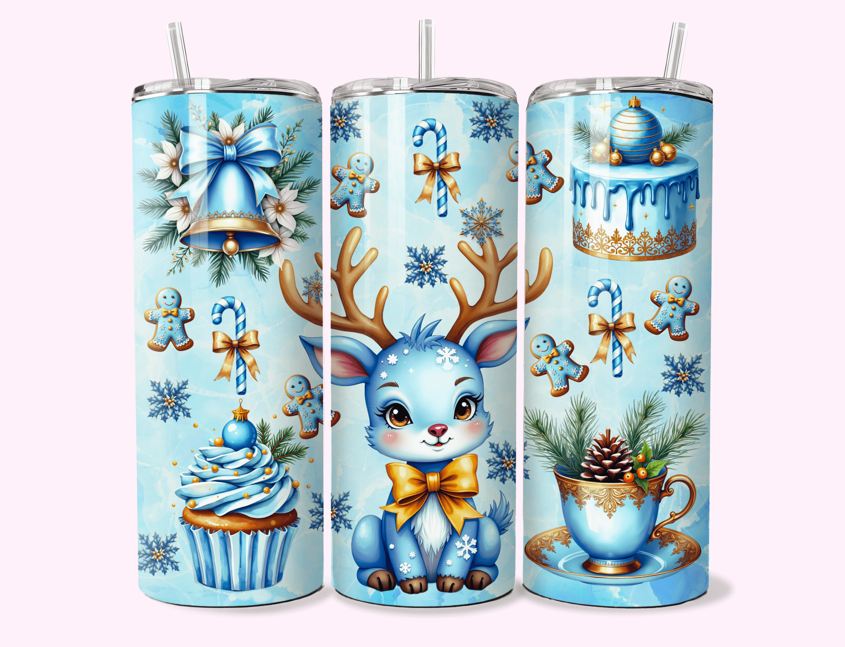Blue Holiday Deer - 20oz Tumbler featuring unique artwork, perfect for personal style and expression.