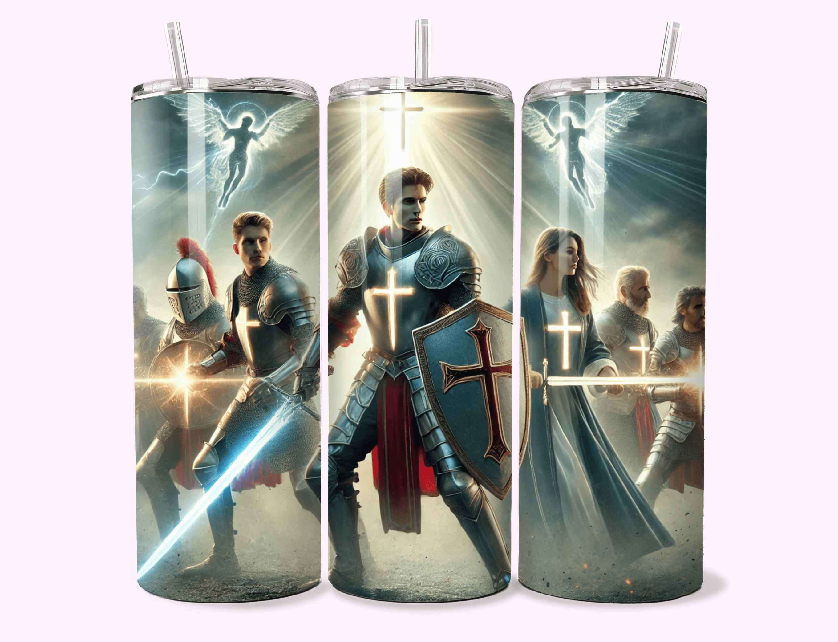 Tumbler featuring a group of warriors in defensive position, symbolizing God's strength and protection from harm