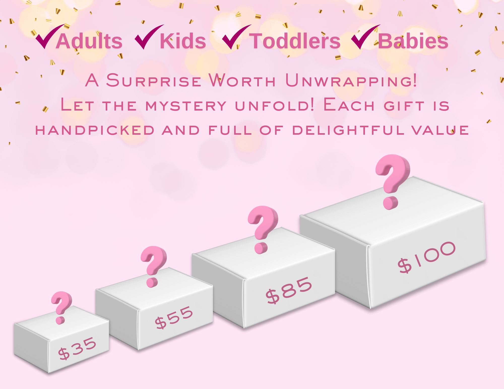 Mystery gift box with a surprise selection of items, perfect for gifting or treating yourself.