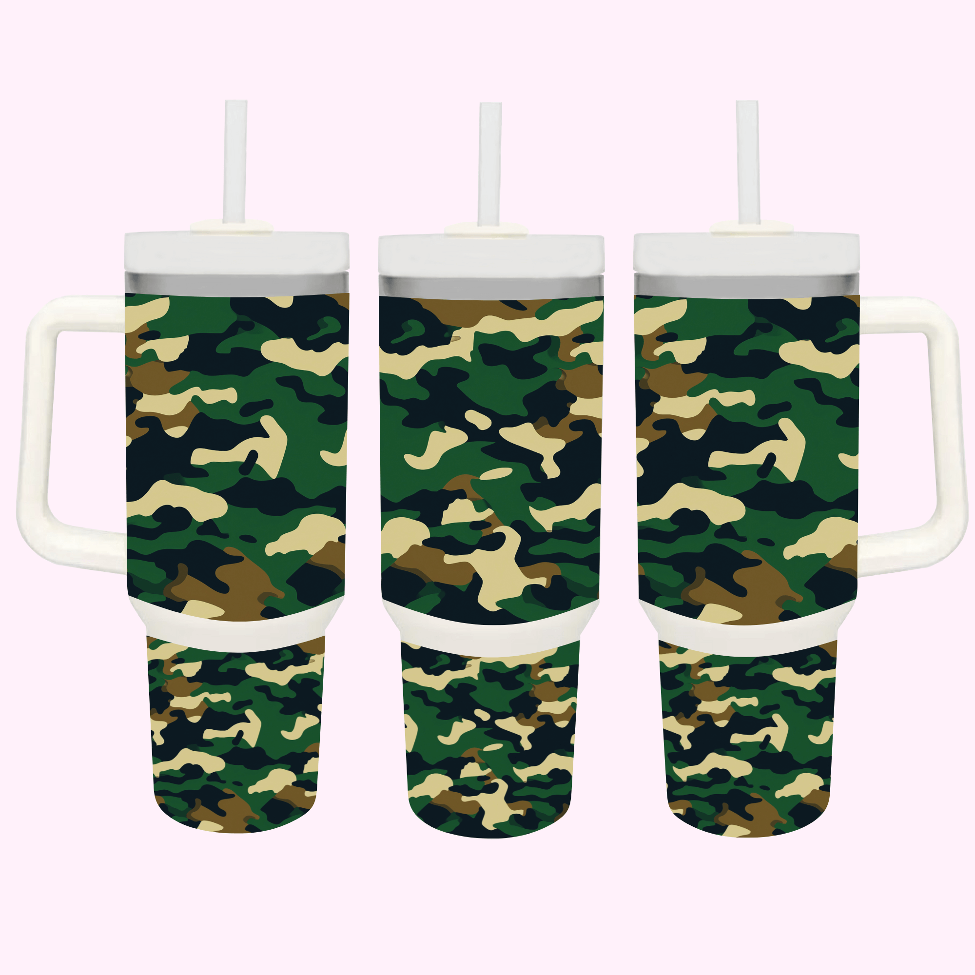 Green Camouflage 40oz Tumbler featuring a blend of tones and patterns, perfect for outdoor and military-inspired style.