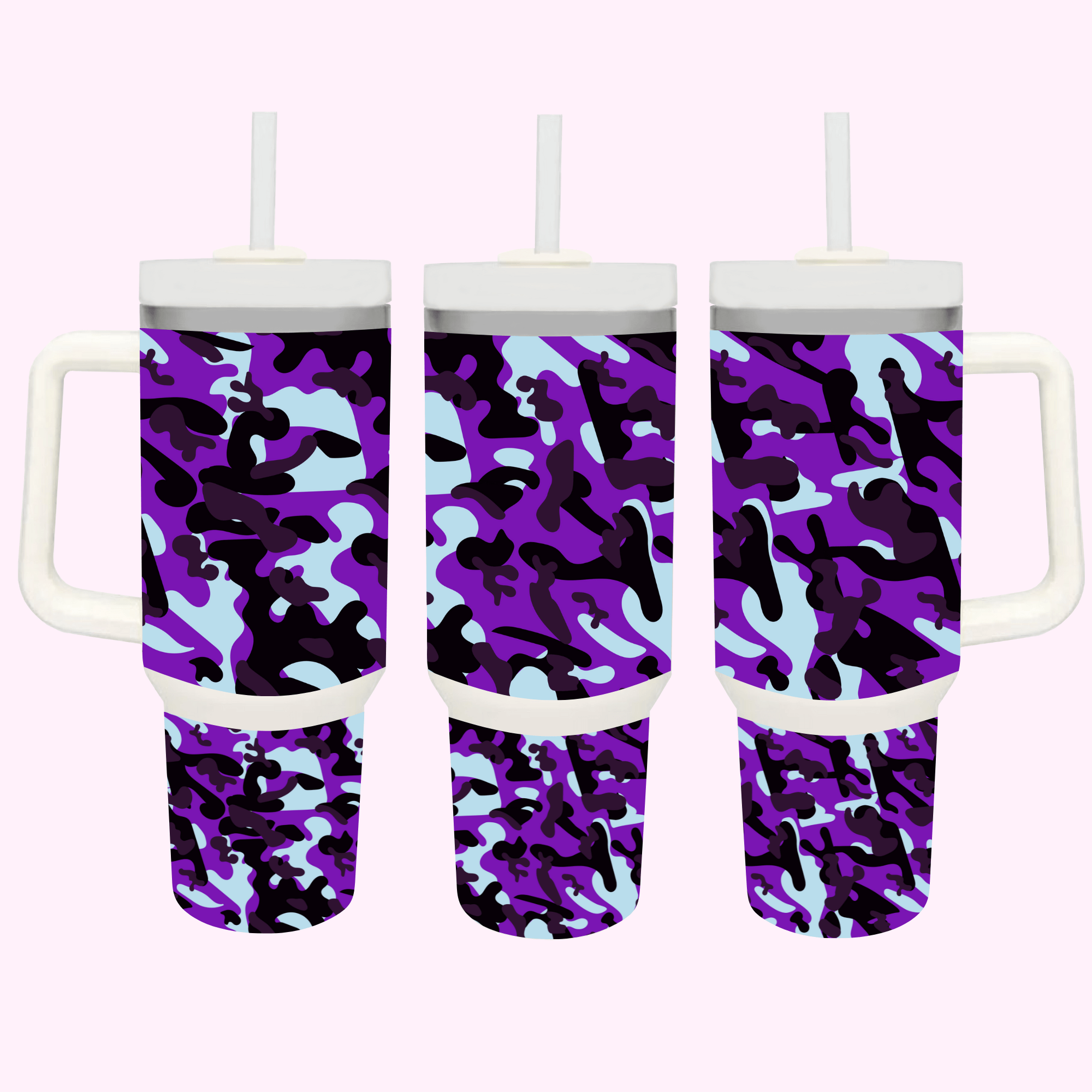 Purple Camouflage 40oz Tumbler featuring a blend of tones and patterns, perfect for outdoor and military-inspired style.