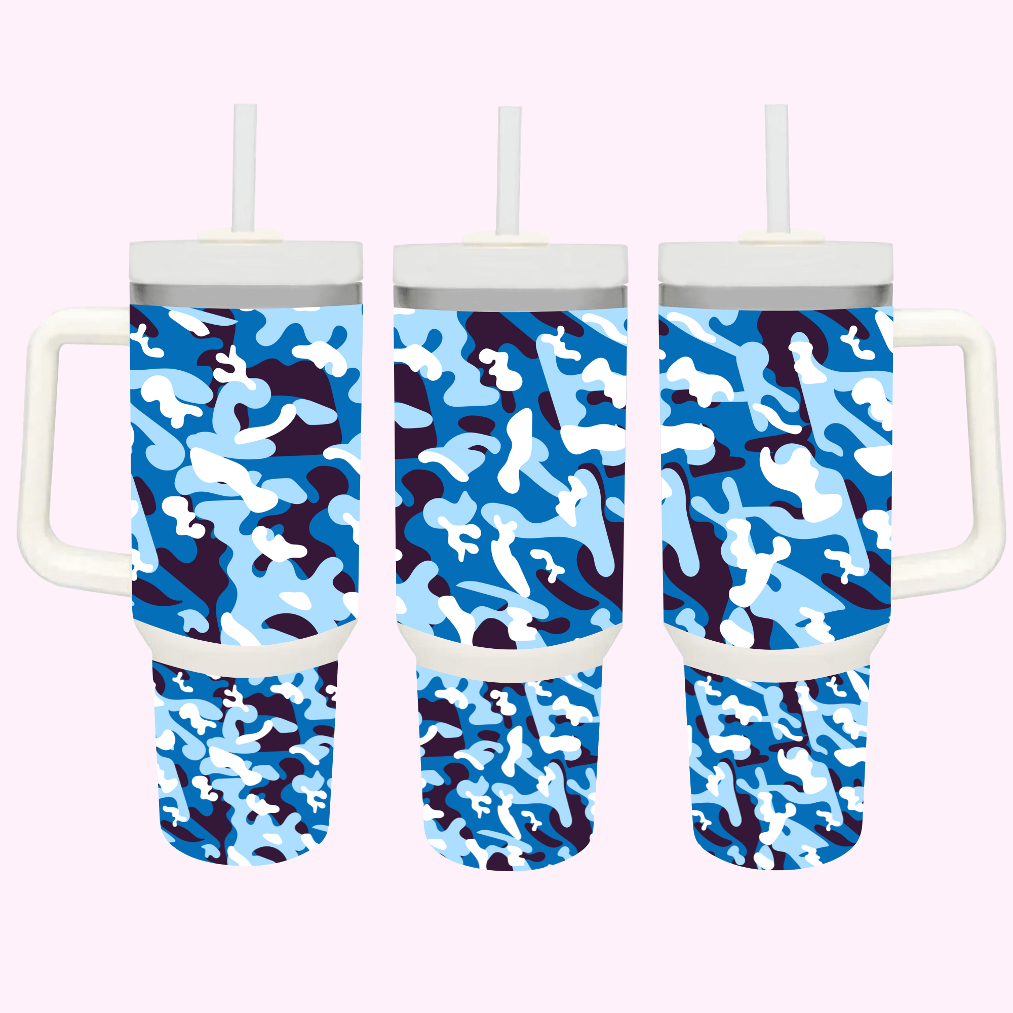 Blue Camouflage 40oz Tumbler featuring a blend of tones and patterns, perfect for outdoor and military-inspired style.