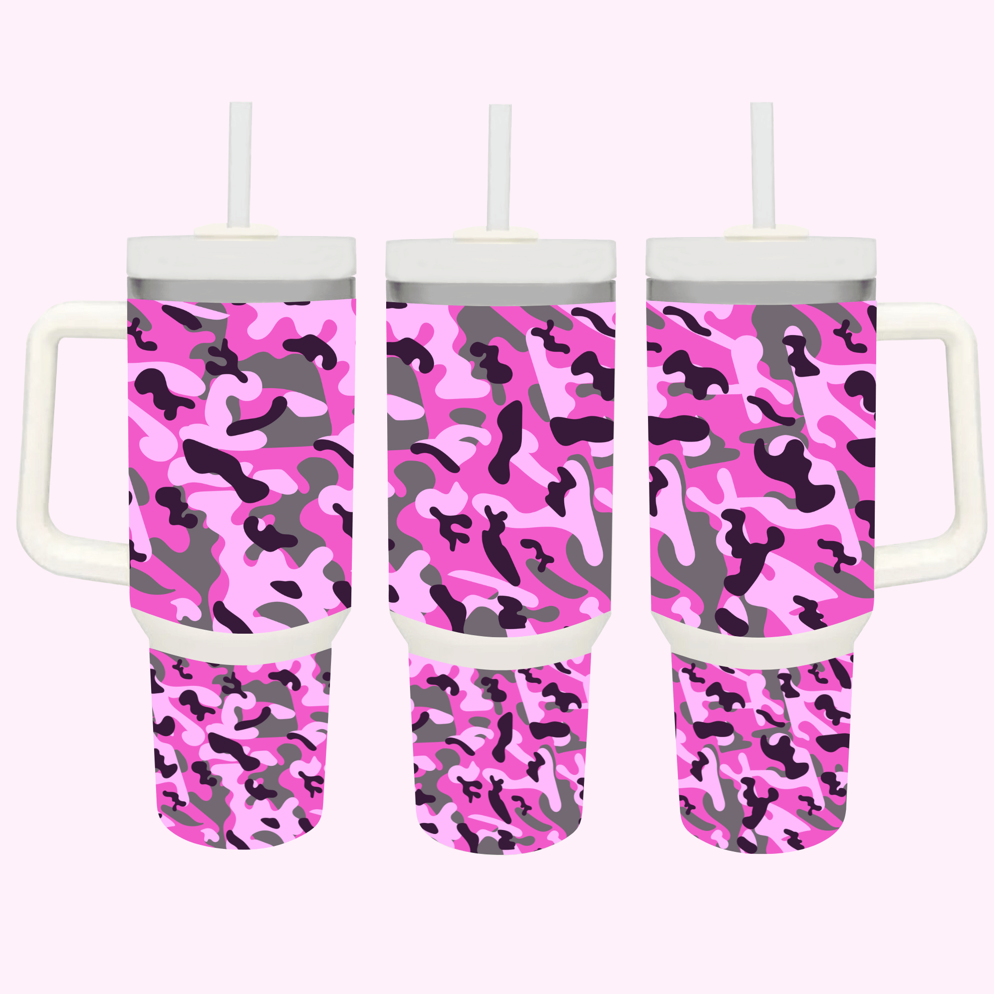Pink Camouflage 40oz Tumbler featuring a blend of tones and patterns, perfect for outdoor and military-inspired style.