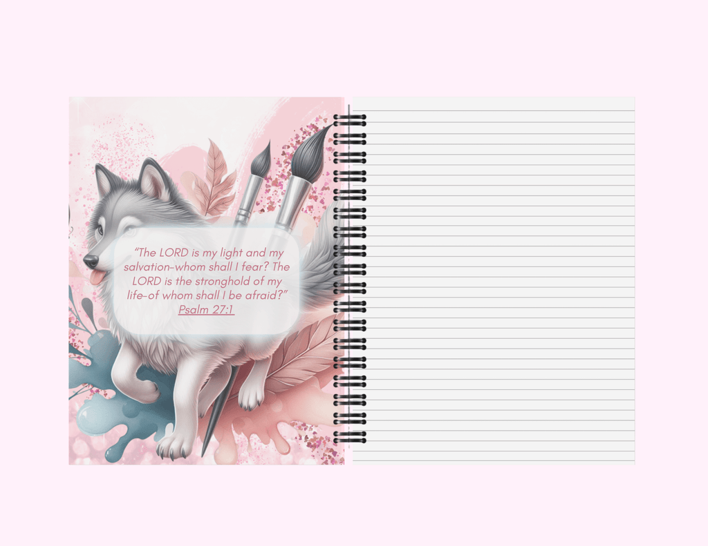 Pink Paint Brush Wolf - Medium Notebook With Bible Text (5"x 7") featuring unique artwork, perfect for personal style and expression.