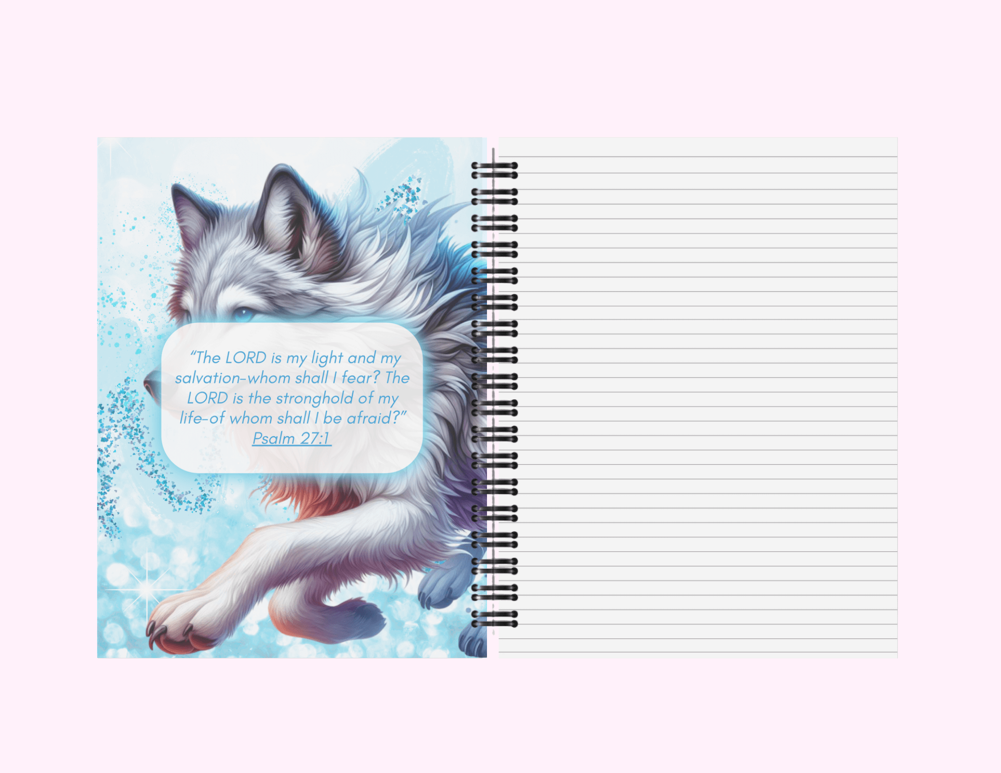 Blue Running Wolf - Medium Notebook With Bible Text (5"x 7") featuring unique artwork, perfect for personal style and expression.