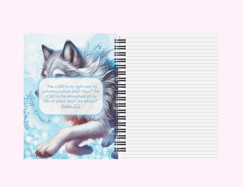 Blue Running Wolf - Medium Notebook With Bible Text (5"x 7") featuring unique artwork, perfect for personal style and expression.