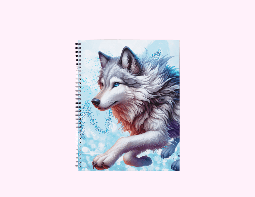Blue Running Wolf - Medium Notebook With Bible Text (5"x 7") featuring unique artwork, perfect for personal style and expression.