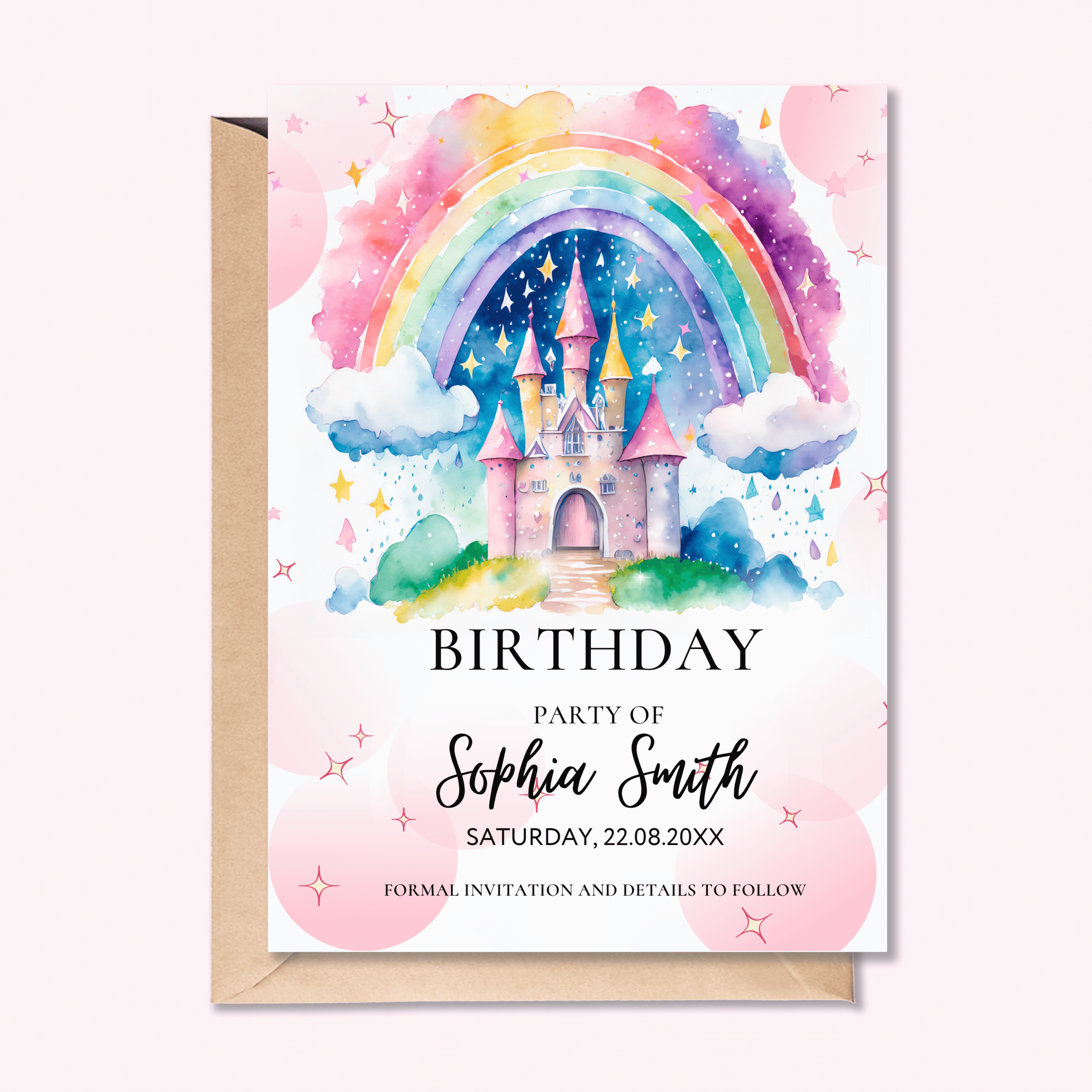 Custom-designed invitations for various events, featuring unique artwork and personalized details.