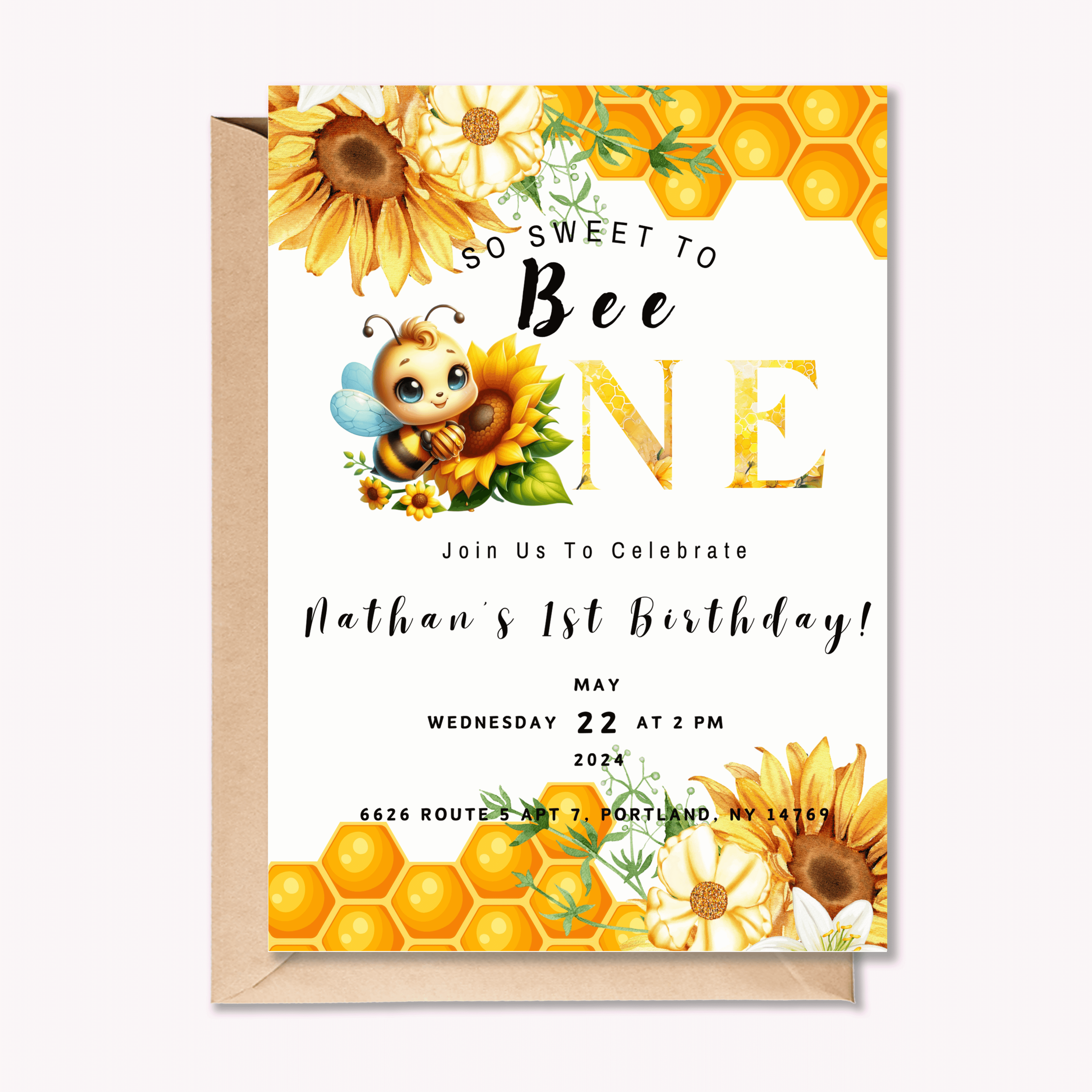Custom-designed invitations for various events, featuring unique artwork and personalized details.