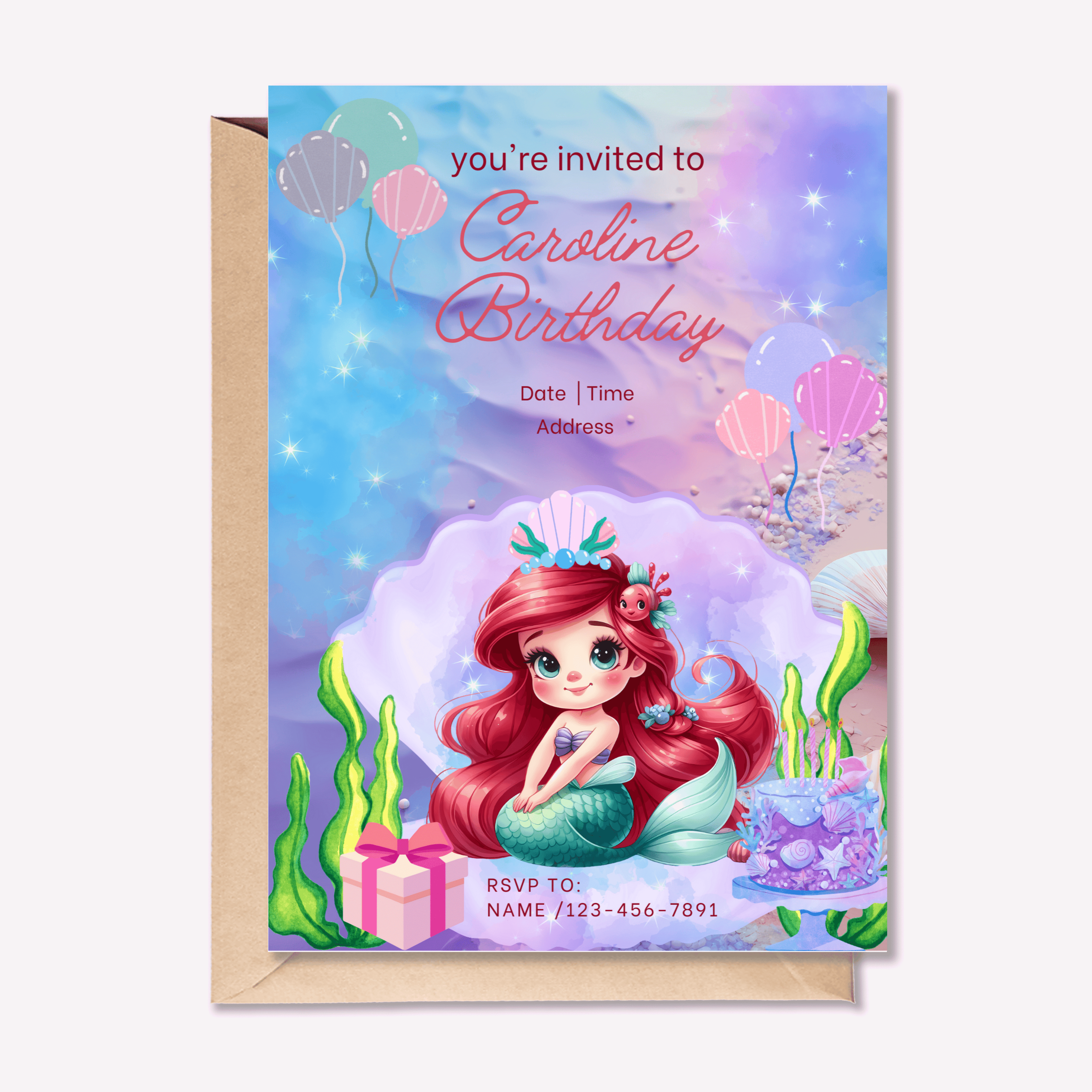 Custom-designed invitations for various events, featuring unique artwork and personalized details.