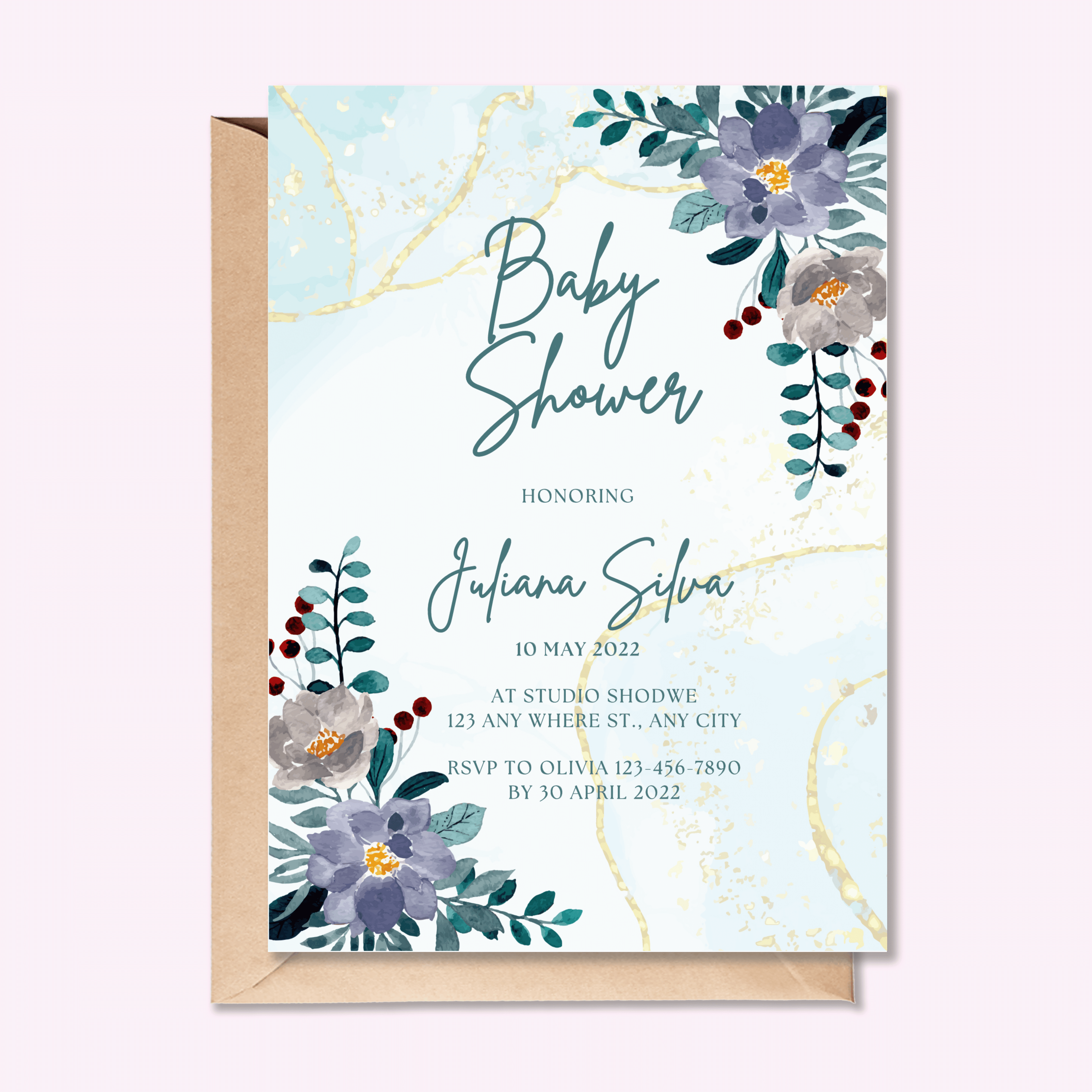 Custom-designed invitations for various events, featuring unique artwork and personalized details.