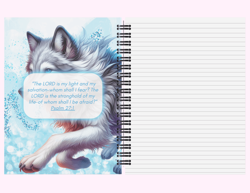 Blue Running Wolf - Large Notebook With Bible Text (8.5"x 11") featuring unique artwork, perfect for personal style and expression.