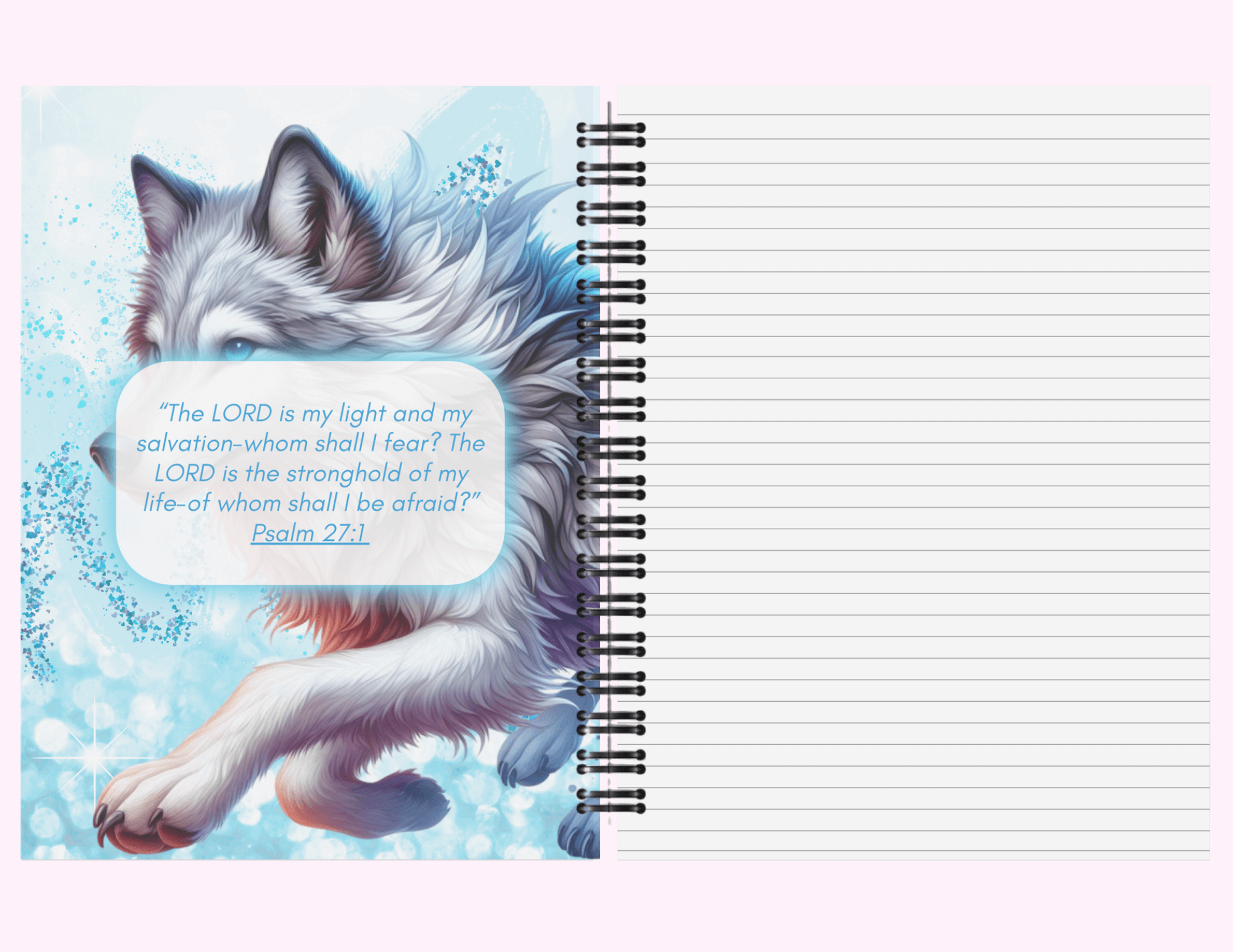 Blue Running Wolf - Large Notebook With Bible Text (8.5"x 11") featuring unique artwork, perfect for personal style and expression.