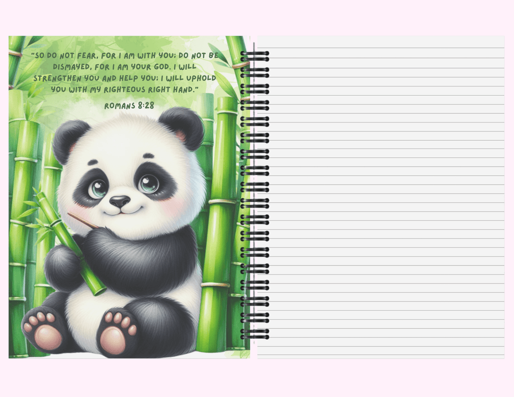 Panda In A Bamboo Forest - Large Notebook With Bible Text (8.5"x 11") featuring unique artwork, perfect for personal style and expression.