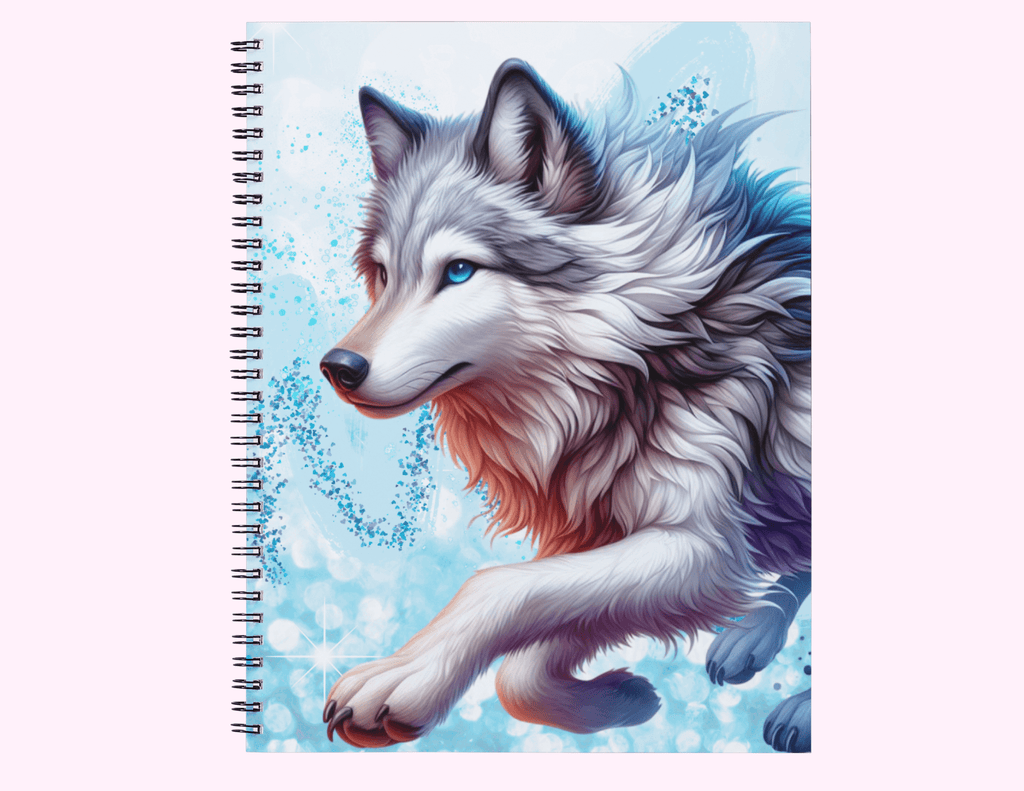 Blue Running Wolf - Large Sketchbook With Bible Text (8.5"x 11") featuring unique artwork, perfect for personal style and expression.