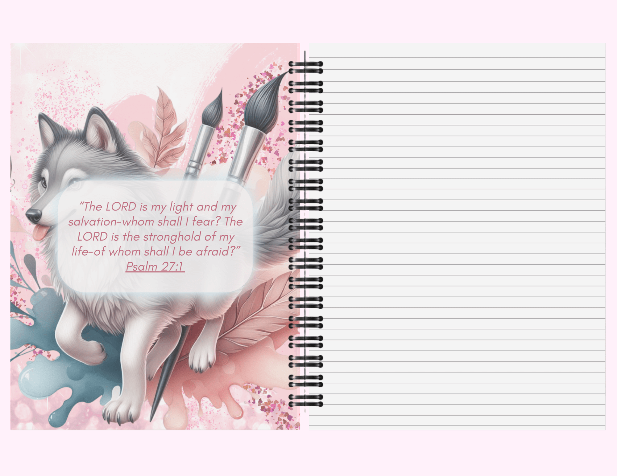 Paint Brush Wolf - Large Notebook With Bible Text (8.5"x 11") featuring unique artwork, perfect for personal style and expression.