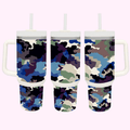 Green / Blue Camouflage 40oz Tumbler featuring a blend of tones and patterns, perfect for outdoor and military-inspired style.