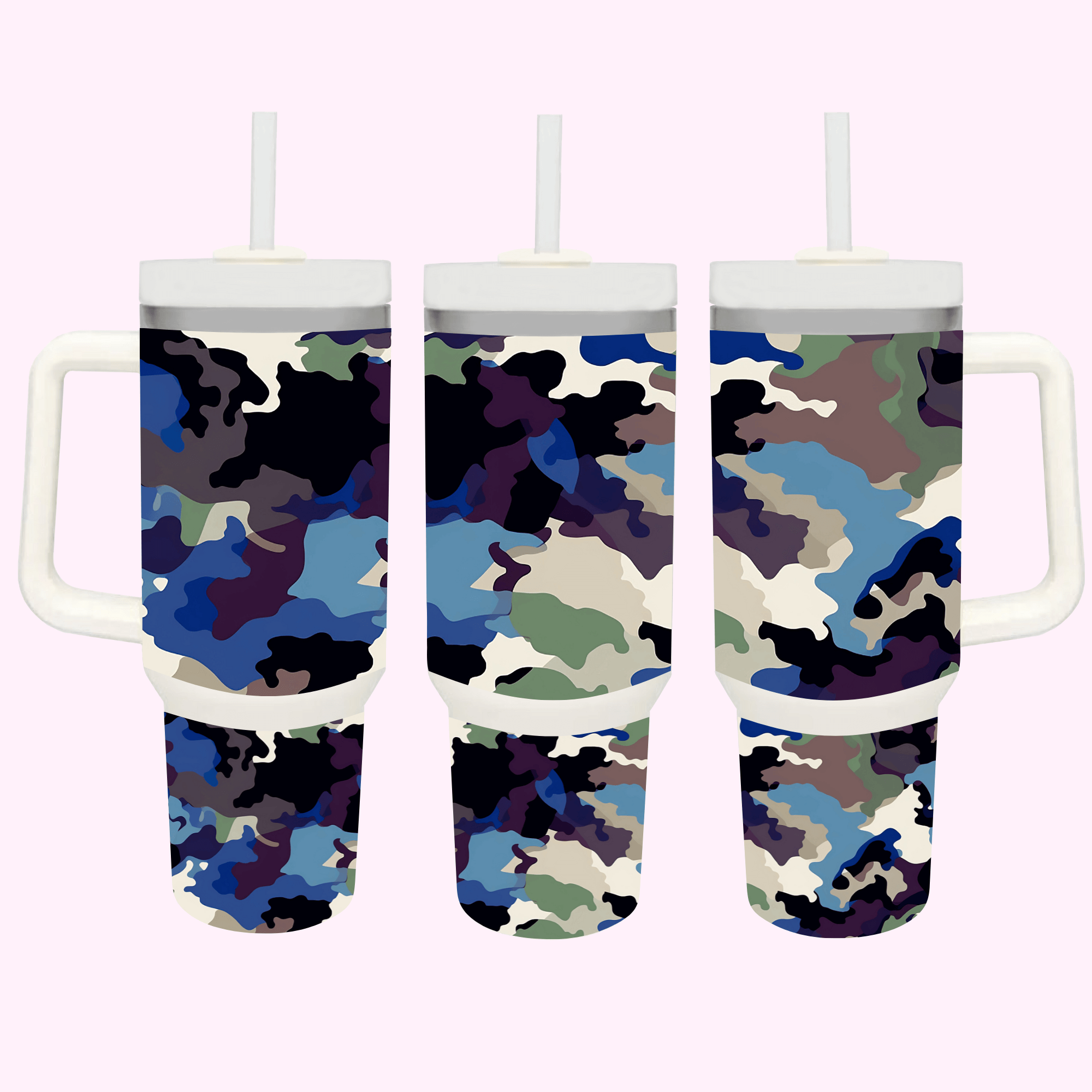 Green / Blue Camouflage 40oz Tumbler featuring a blend of tones and patterns, perfect for outdoor and military-inspired style.
