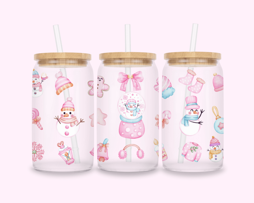 Pink Snow - Glass Cup With Bamboo Lid 16oz featuring unique artwork, perfect for personal style and expression.