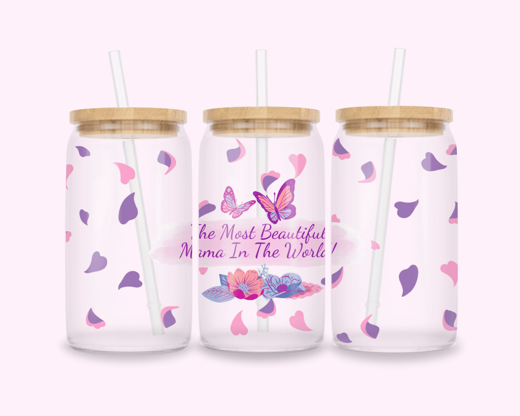 Beautiful Mom - Glass Cup With Bamboo Lid 16oz featuring unique artwork, perfect for personal style and expression.