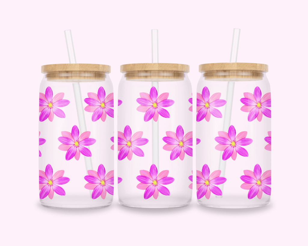 Pink Spring Flower - Glass Cup With Bamboo Lid 16oz featuring unique artwork, perfect for personal style and expression.