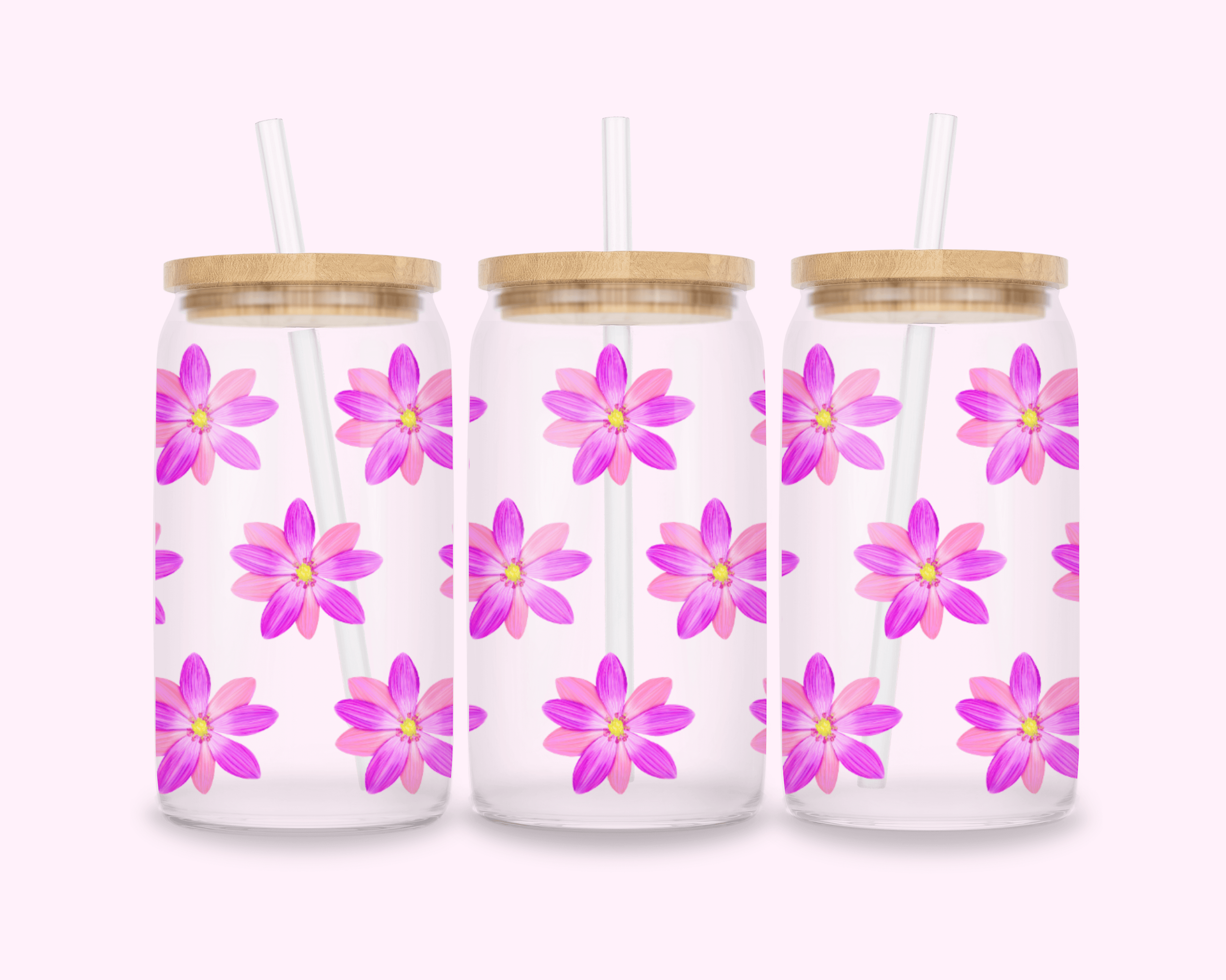 Pink Spring Flower - Glass Cup With Bamboo Lid 16oz featuring unique artwork, perfect for personal style and expression.