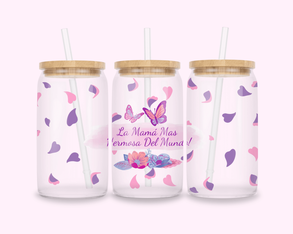 Mamá Hermosa - Glass Cup With Bamboo Lid 16oz featuring unique artwork, perfect for personal style and expression.