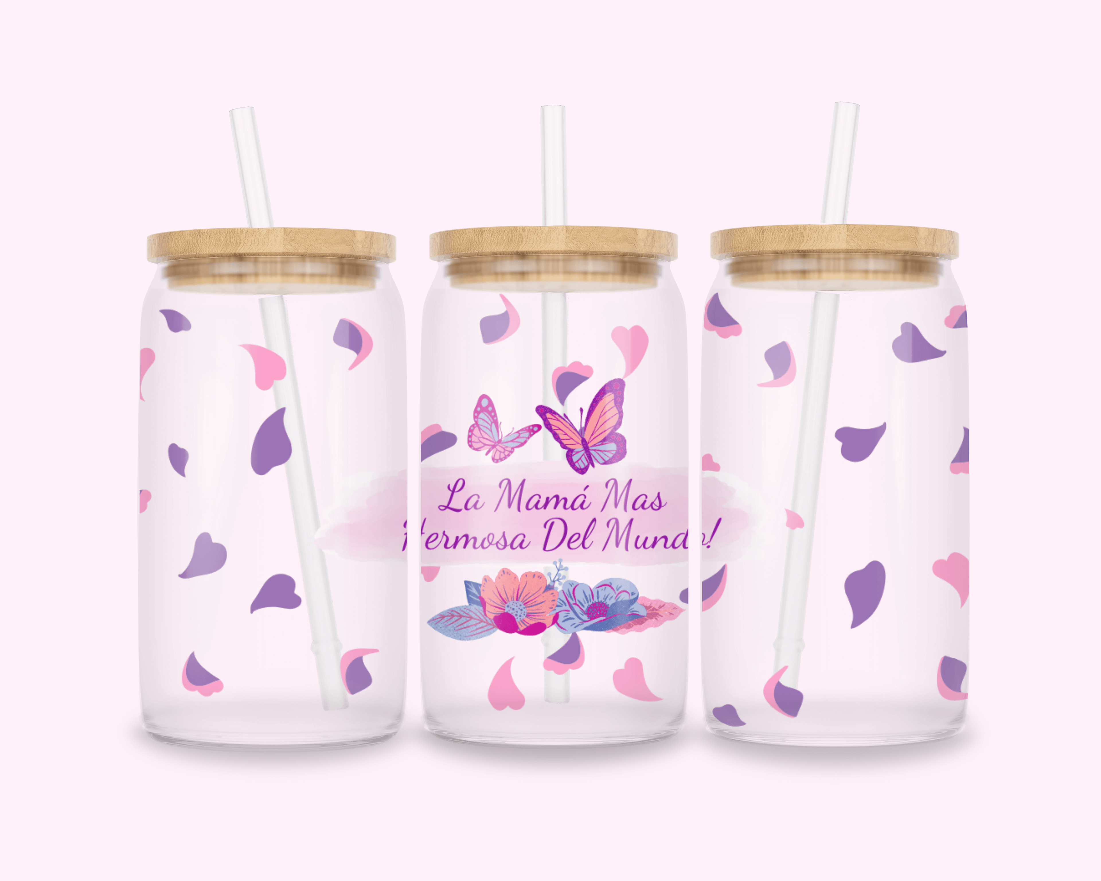 Mamá Hermosa - Glass Cup With Bamboo Lid 16oz featuring unique artwork, perfect for personal style and expression.