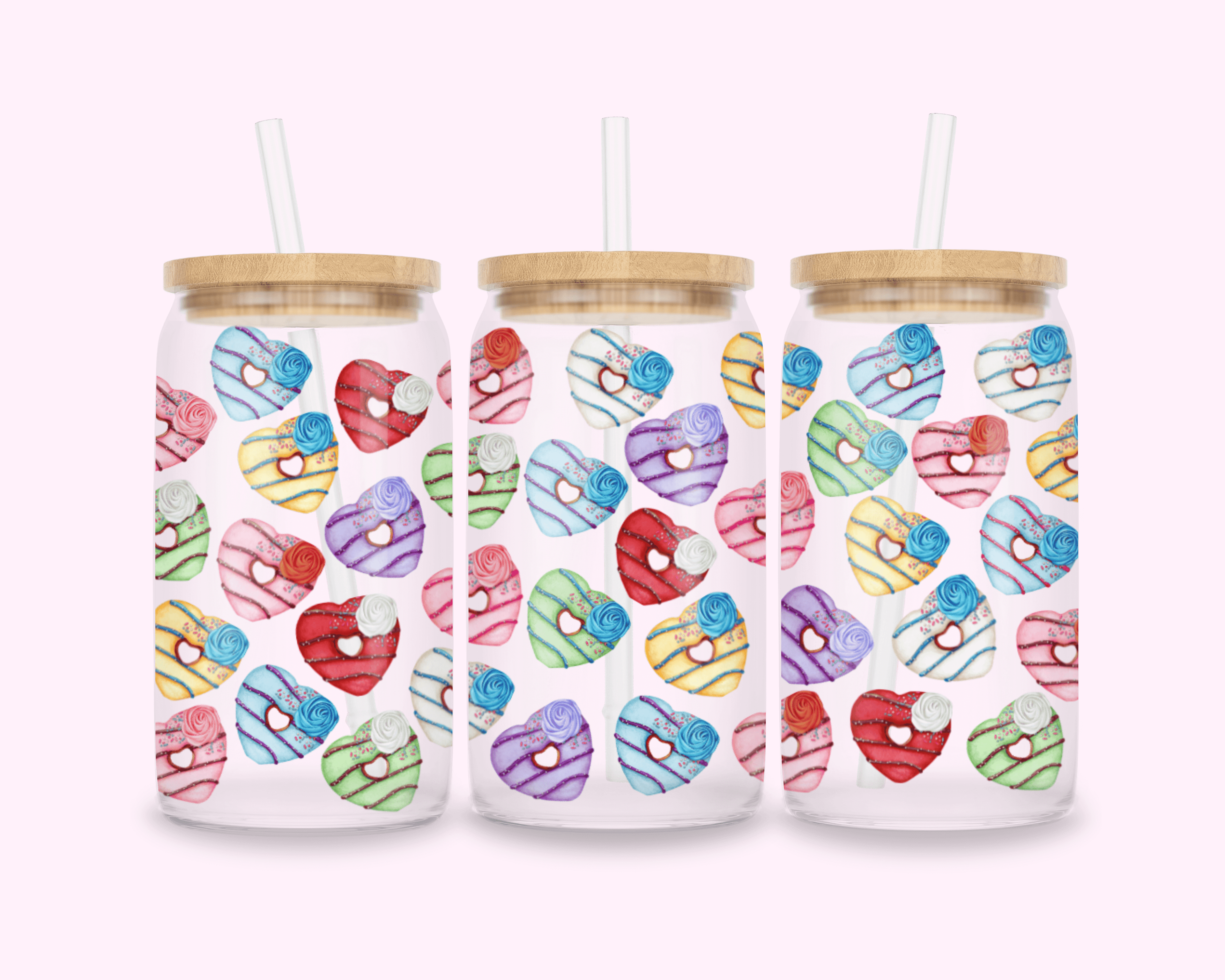 Donut Hearts - Glass Cup With Bamboo Lid 16oz featuring unique artwork, perfect for personal style and expression.