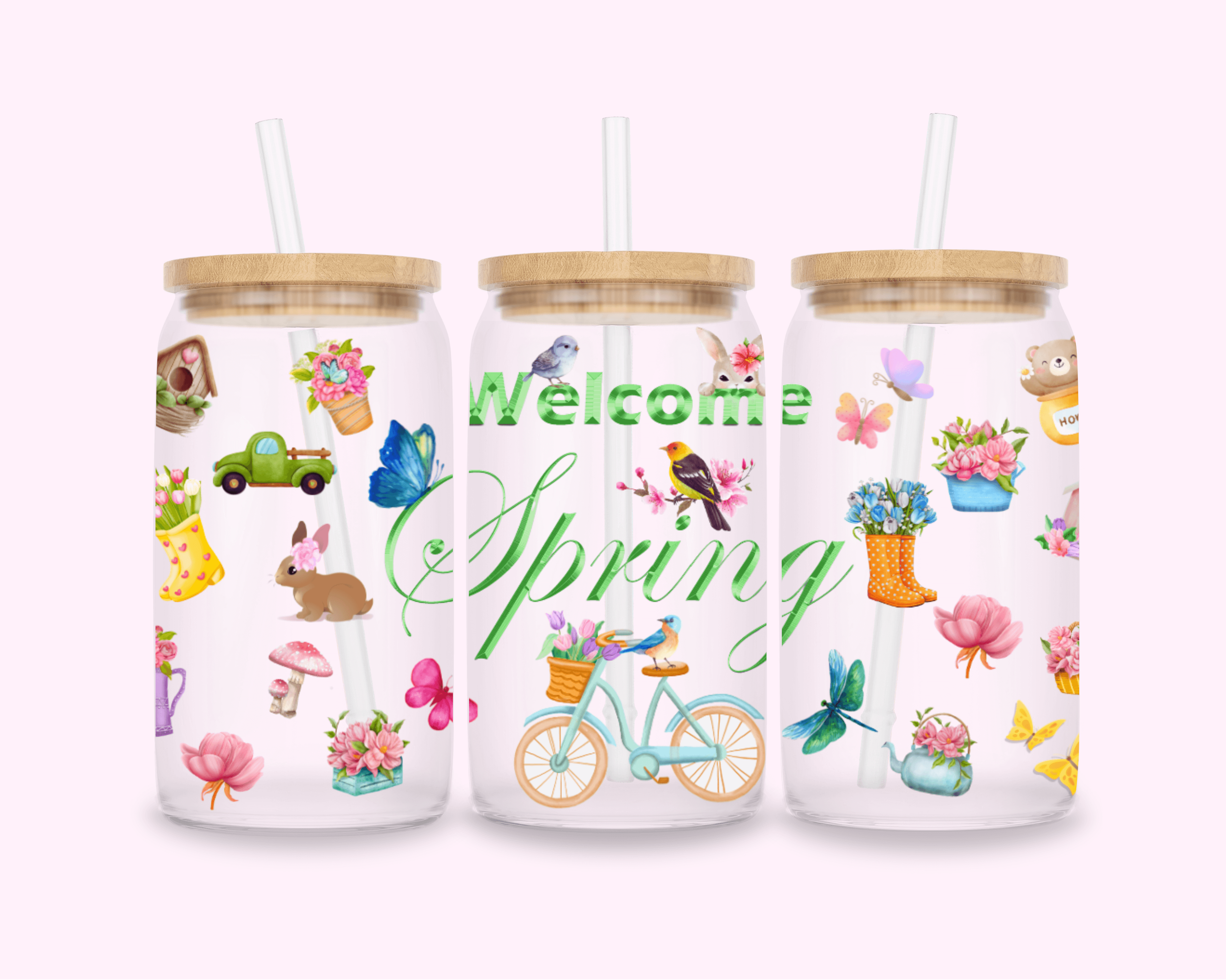 Green Spring Flower - Glass Cup With Bamboo Lid 16oz featuring unique artwork, perfect for personal style and expression.