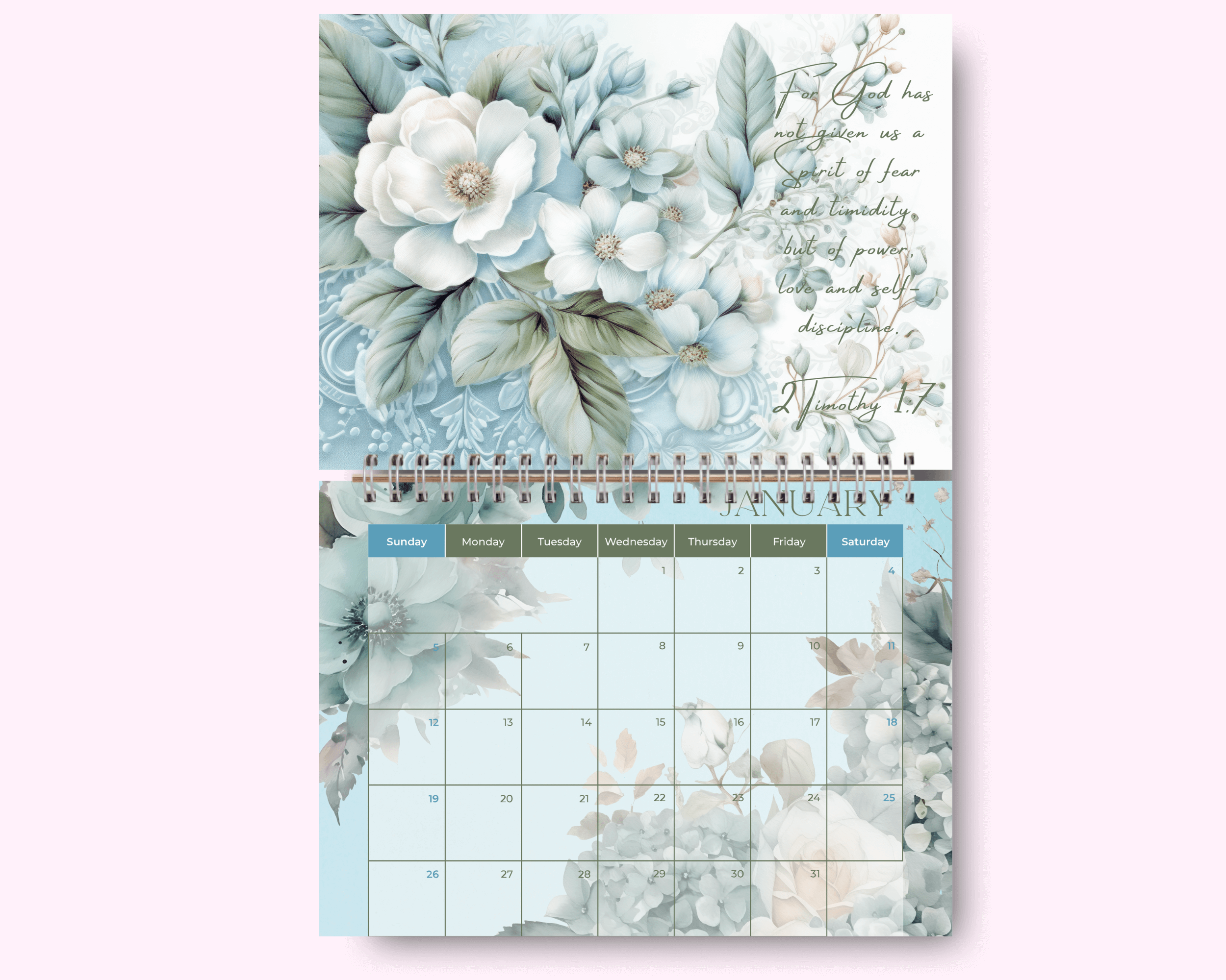 Blue Flowers Calendar featuring unique artwork, perfect for organizing your year with style.