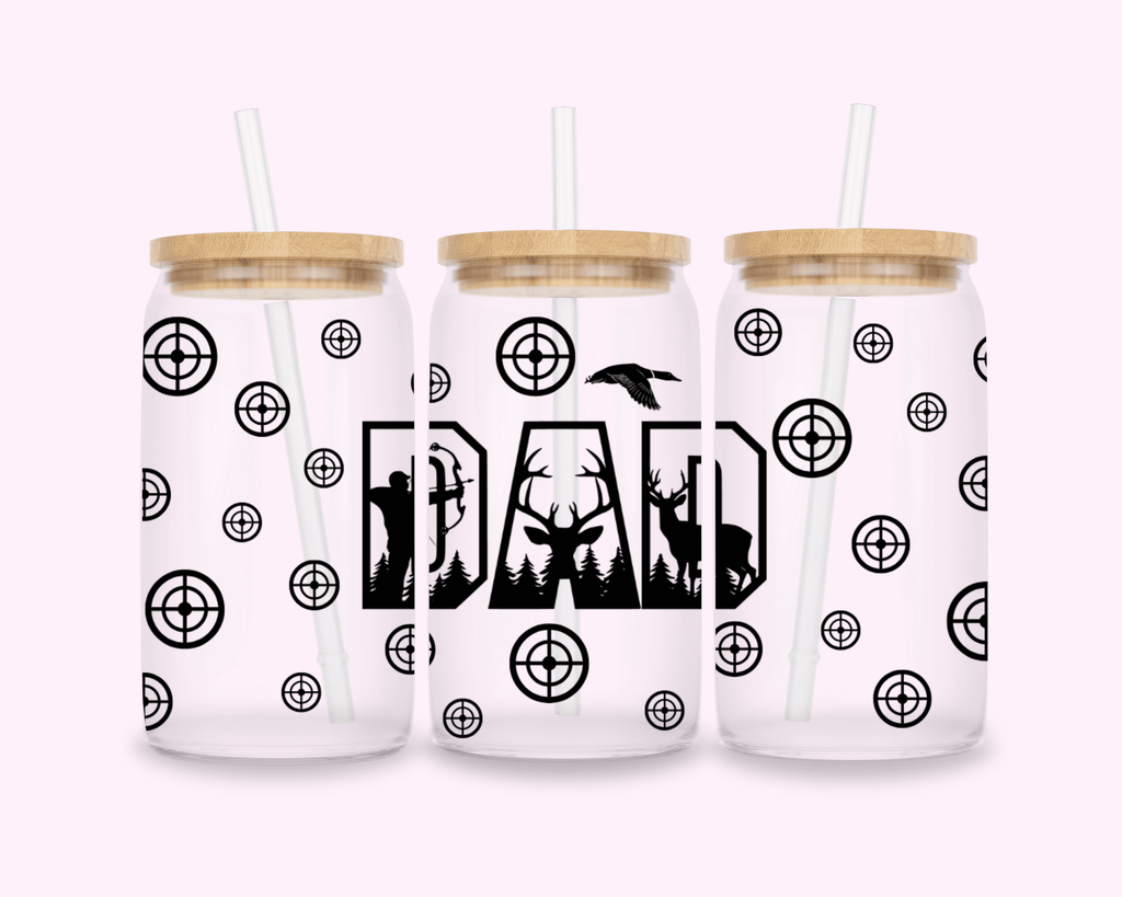 Dad - Glass Cup With Bamboo Lid 16oz featuring vibrant printed designs, perfect for adding personality to your beverages.