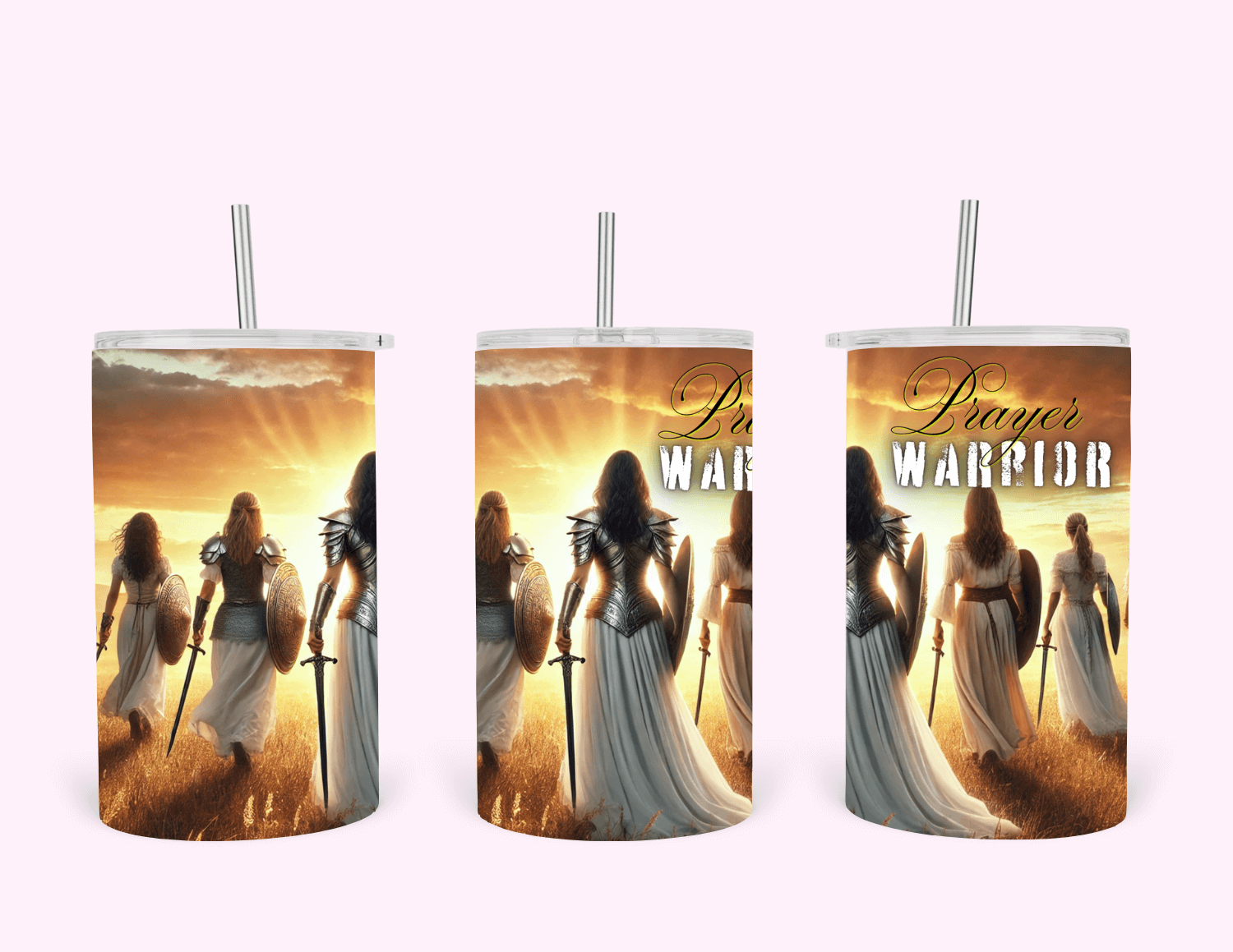Warrior woman praying design on tumbler, inspirational and empowering artwork