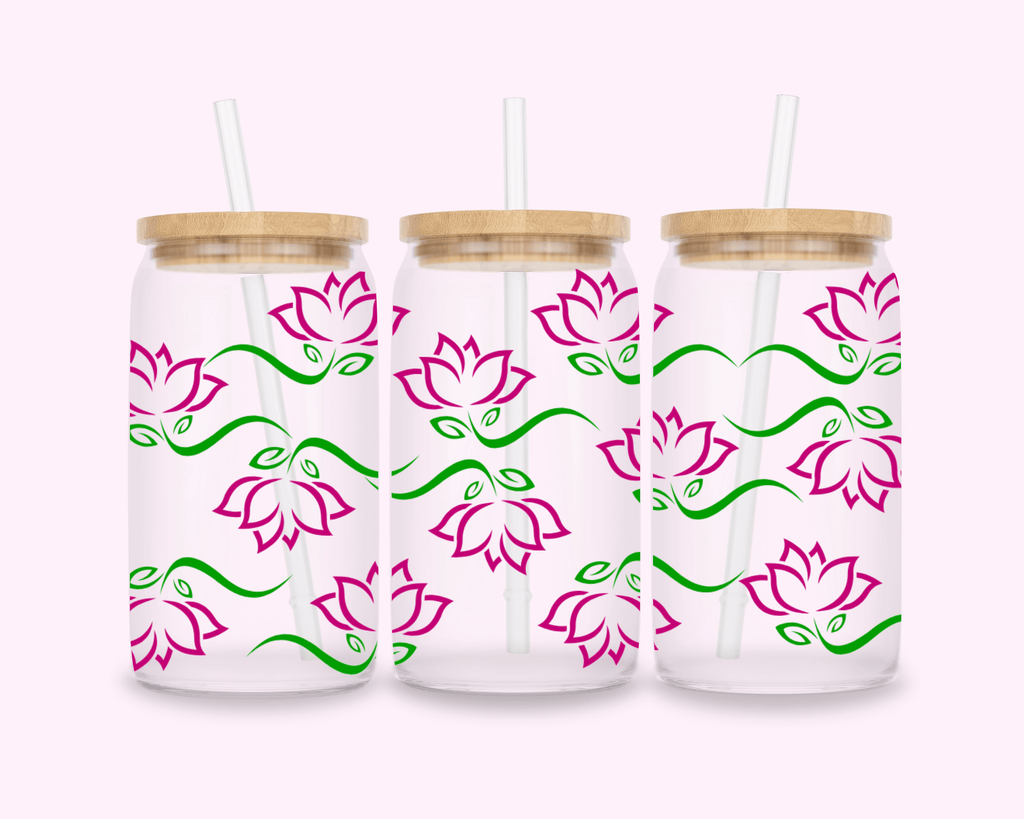Floral - Glass Cup With Bamboo Lid 16oz featuring vibrant printed designs, perfect for adding personality to your beverages.