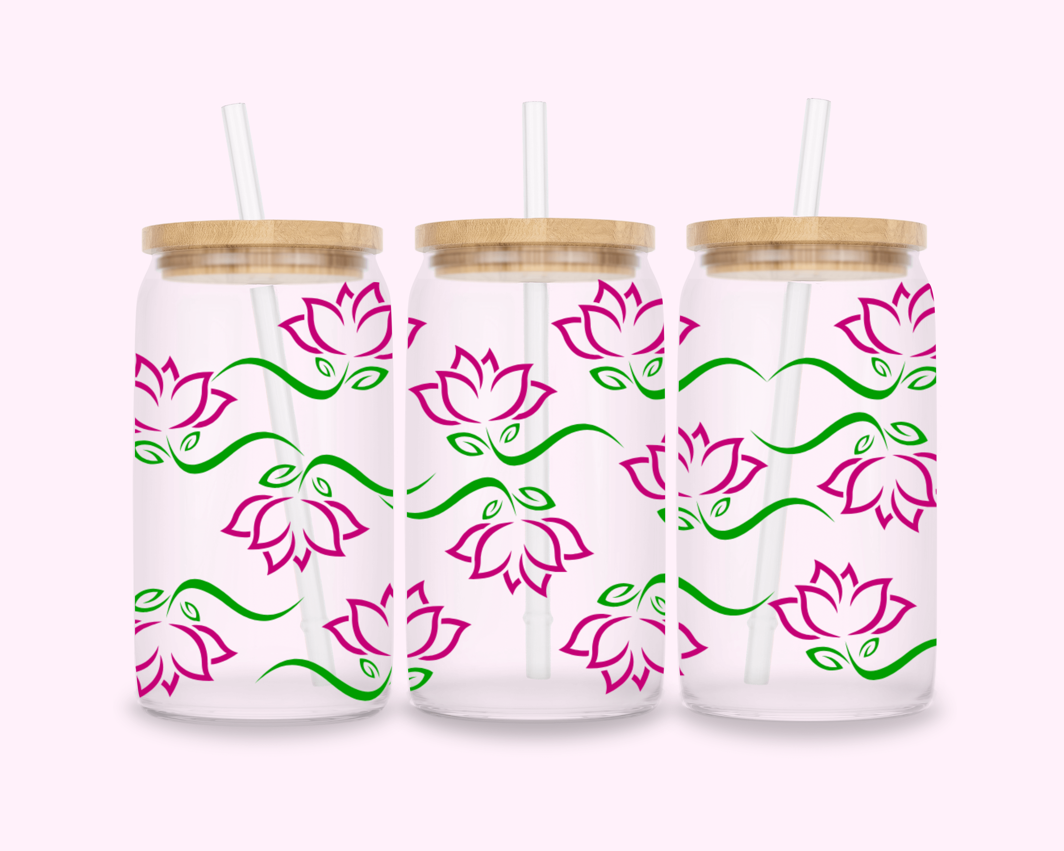 Floral - Glass Cup With Bamboo Lid 16oz featuring vibrant printed designs, perfect for adding personality to your beverages.