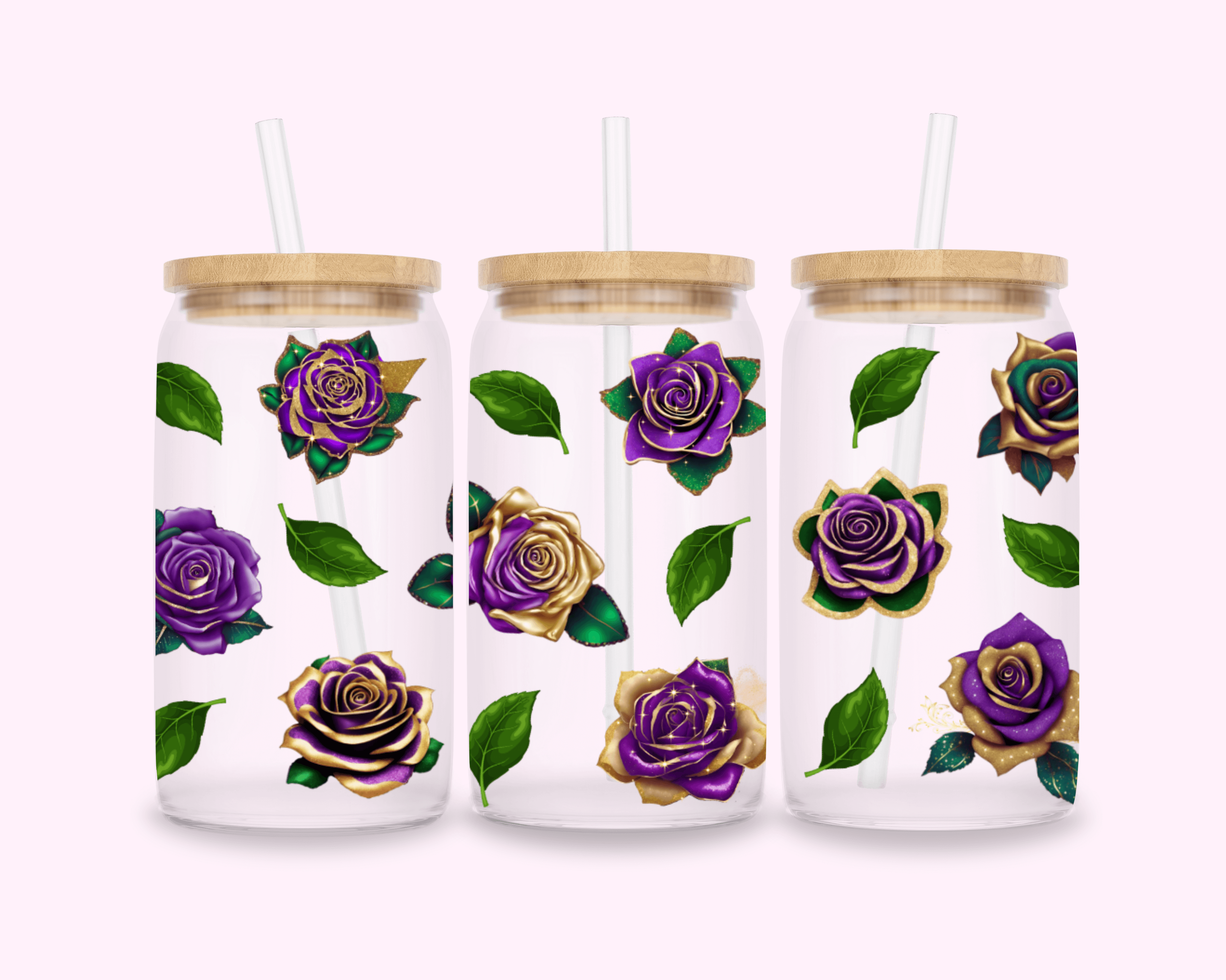 Sparkle Purple Roses With Gold - Glass Cup With Bamboo Lid 16oz featuring unique artwork, perfect for personal style and expression.