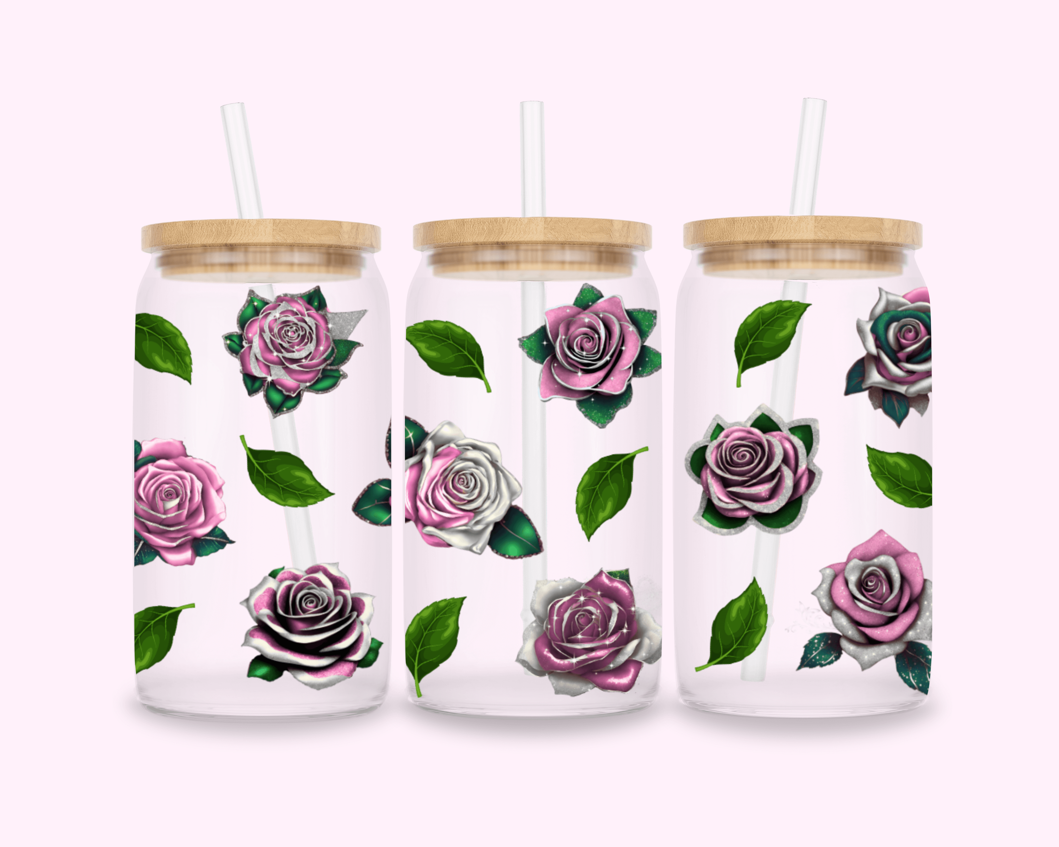 Sparkle Pink Roses With Gold - Glass Cup With Bamboo Lid 16oz featuring unique artwork, perfect for personal style and expression.