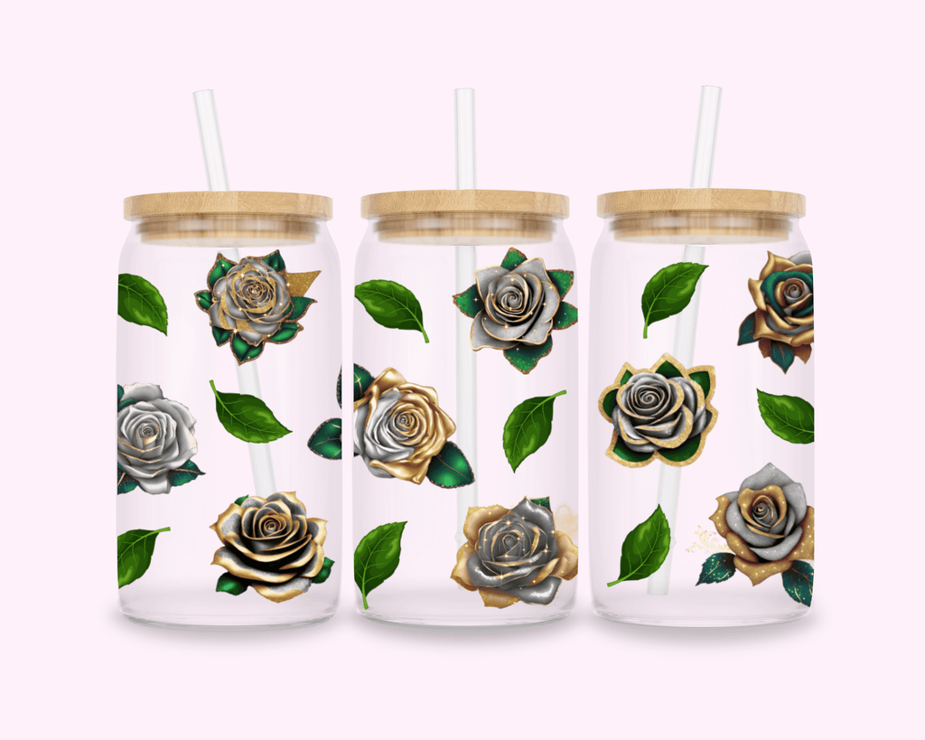 Sparkle Silver Roses With Gold - Glass Cup With Bamboo Lid 16oz featuring unique artwork, perfect for personal style and expression.