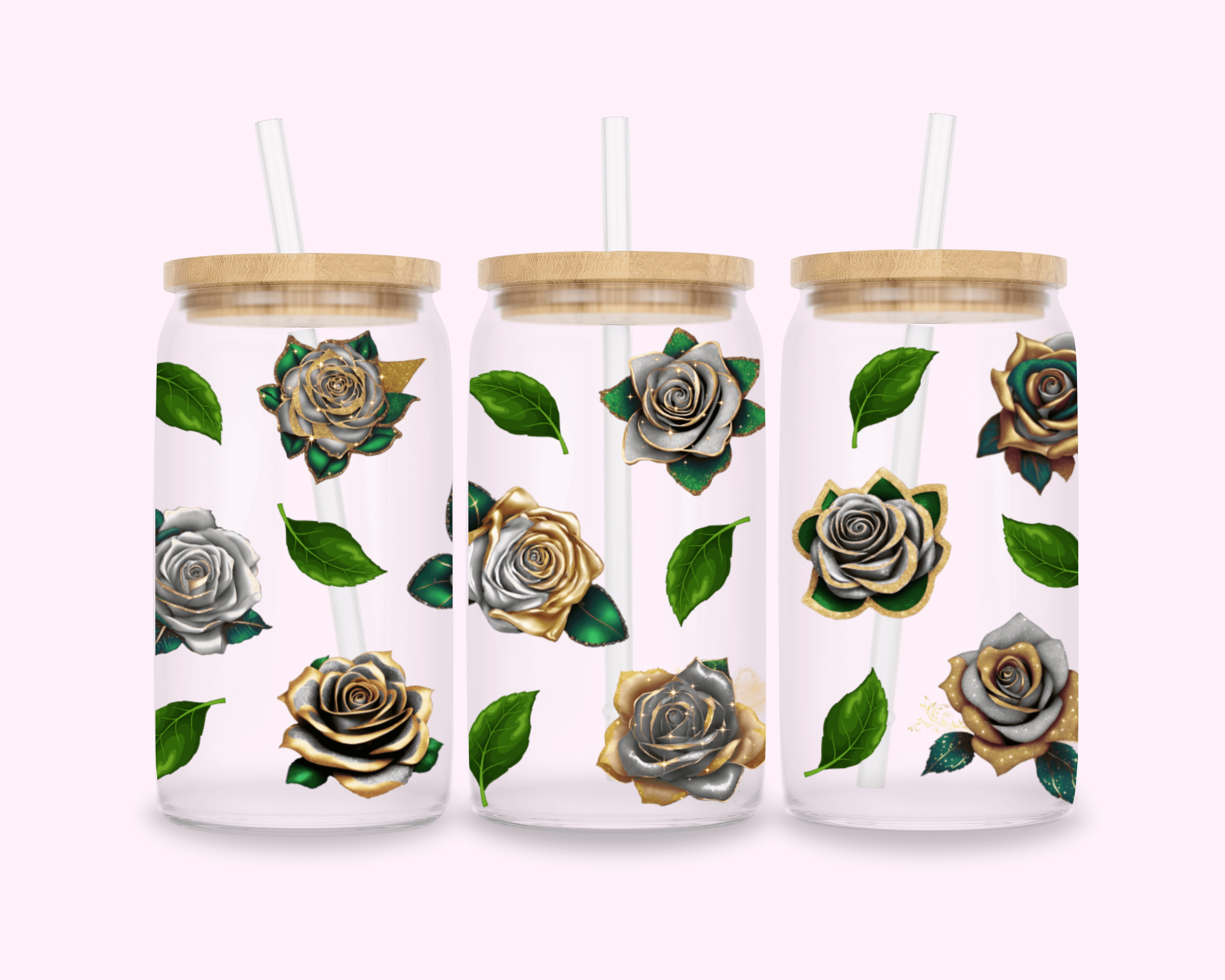 Sparkle Silver Roses With Gold - Glass Cup With Bamboo Lid 16oz featuring unique artwork, perfect for personal style and expression.