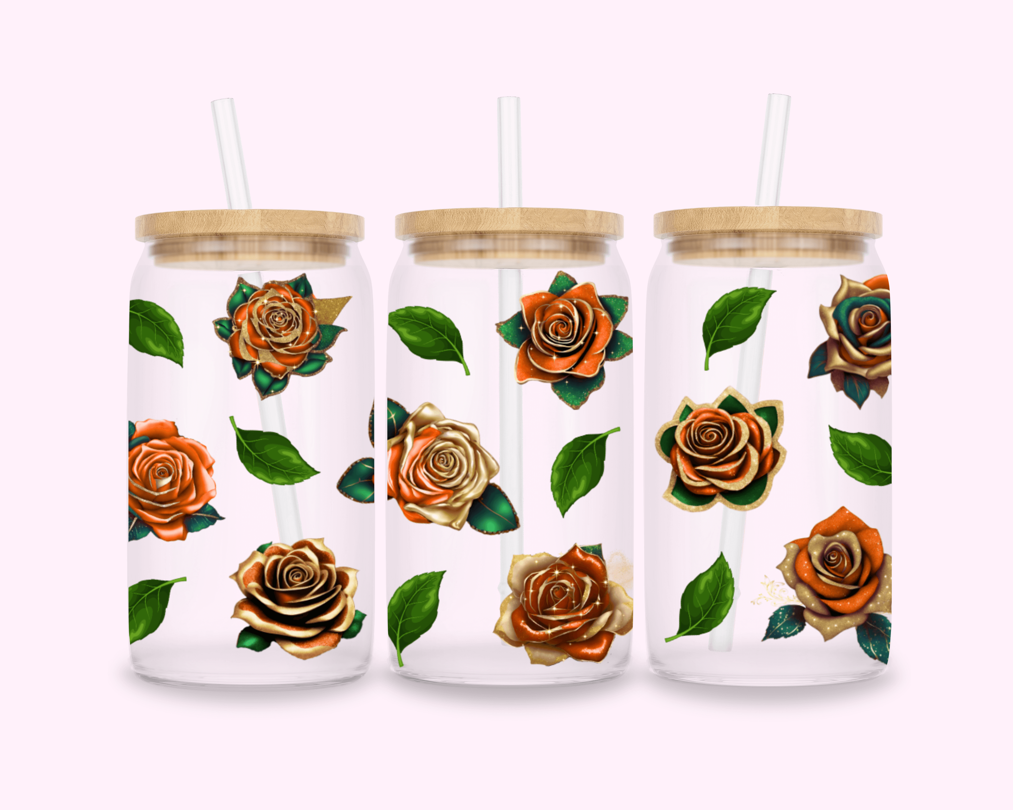 Sparkle Orange Roses With Gold - Glass Cup With Bamboo Lid 16oz featuring unique artwork, perfect for personal style and expression.