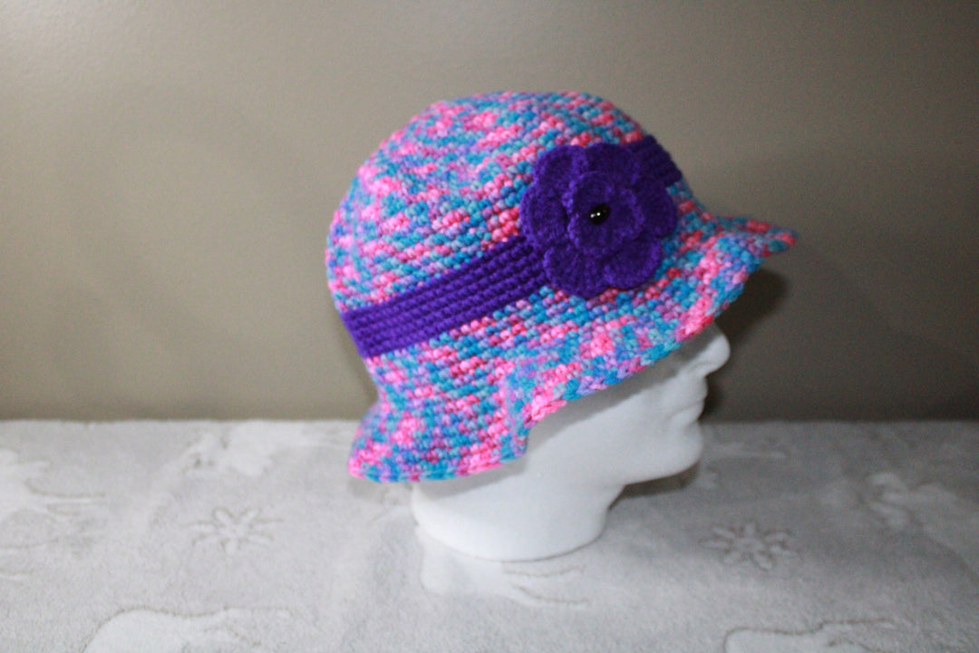 Pink/Blue With Purple Flower Crochet Cute Hat For Woman