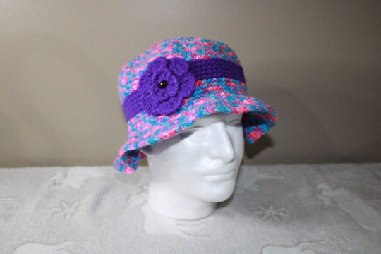 Pink/Blue With Purple Flower Crochet Cute Hat For Woman