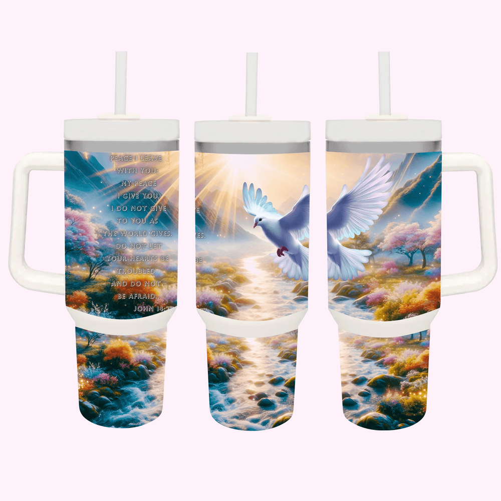 Dove John 14:27 40oz Tumbler featuring unique artwork, perfect for personal style and expression.