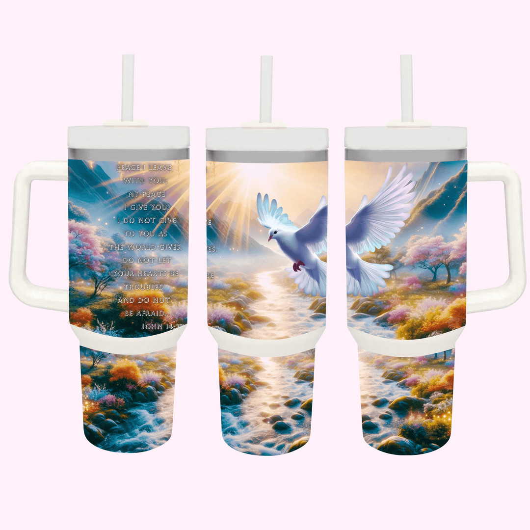 Dove John 14:27 40oz Tumbler featuring unique artwork, perfect for personal style and expression.